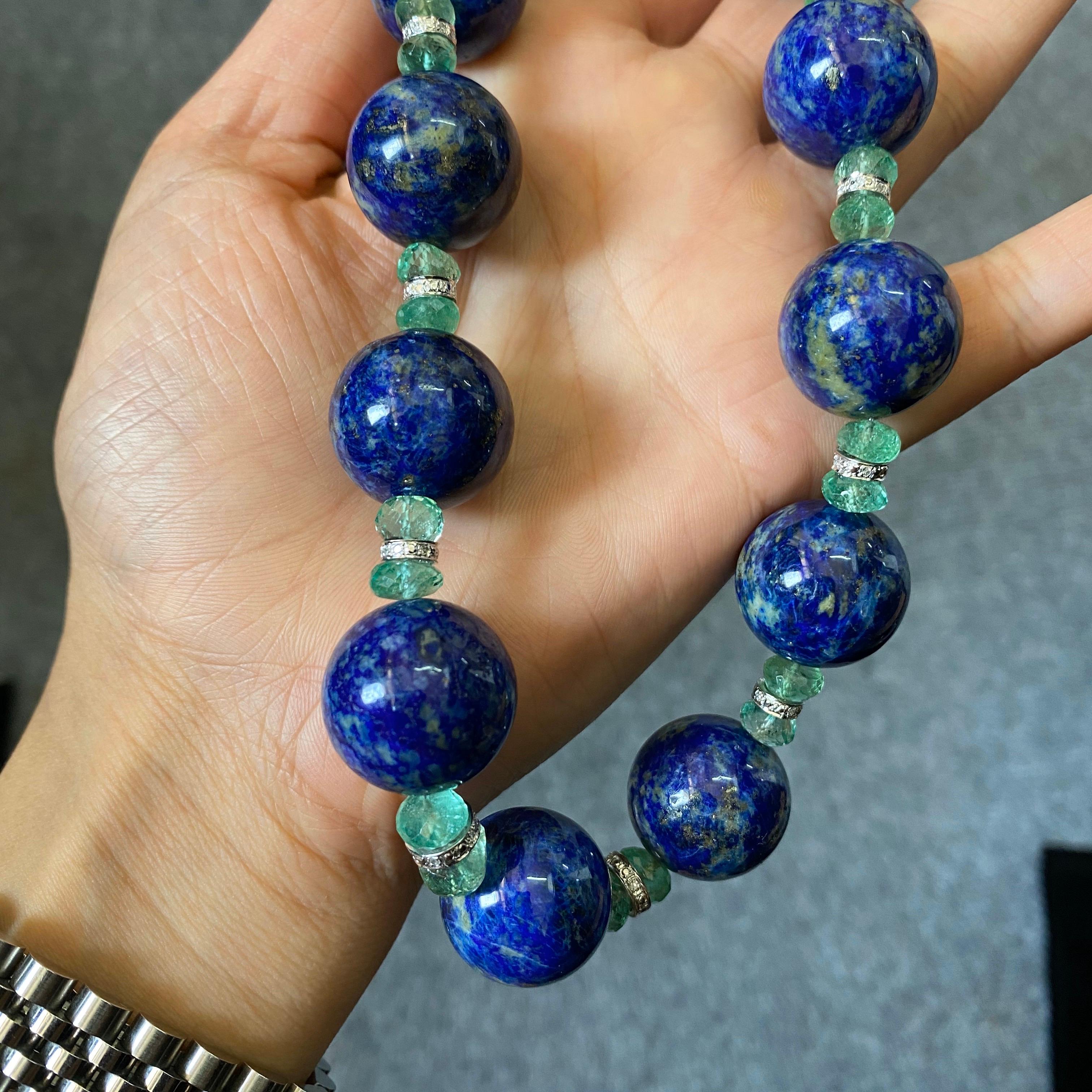 Art Deco 956.60 Carat Lapis Lazuli and Emerald Beaded Necklace For Sale