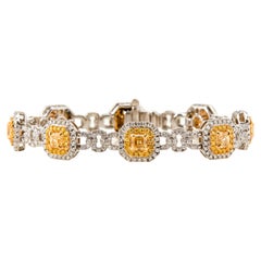 9.57 Carat Asscher Cut Fancy Yellow and White Diamond Bracelet, 18K White Gold