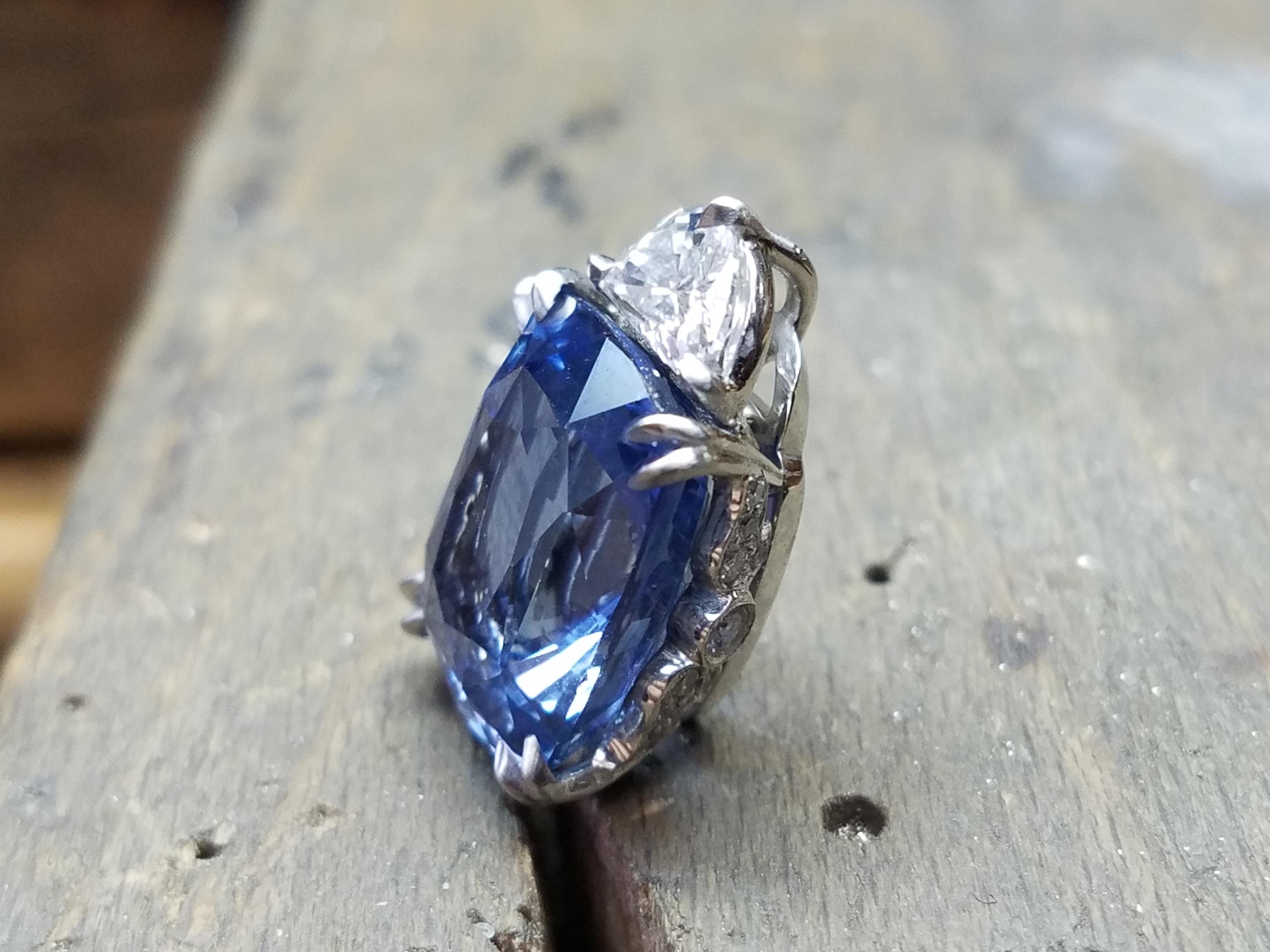 AGL Certified 34.35 Carats Ceylon Blue Cushion Cut Sapphire and Diamond Pendant  In New Condition In Charleston, SC