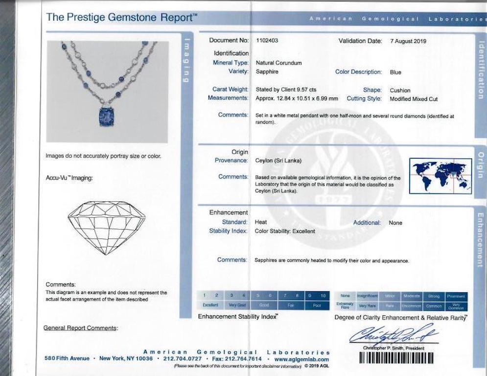 Women's AGL Certified 34.35 Carats Ceylon Blue Cushion Cut Sapphire and Diamond Pendant 