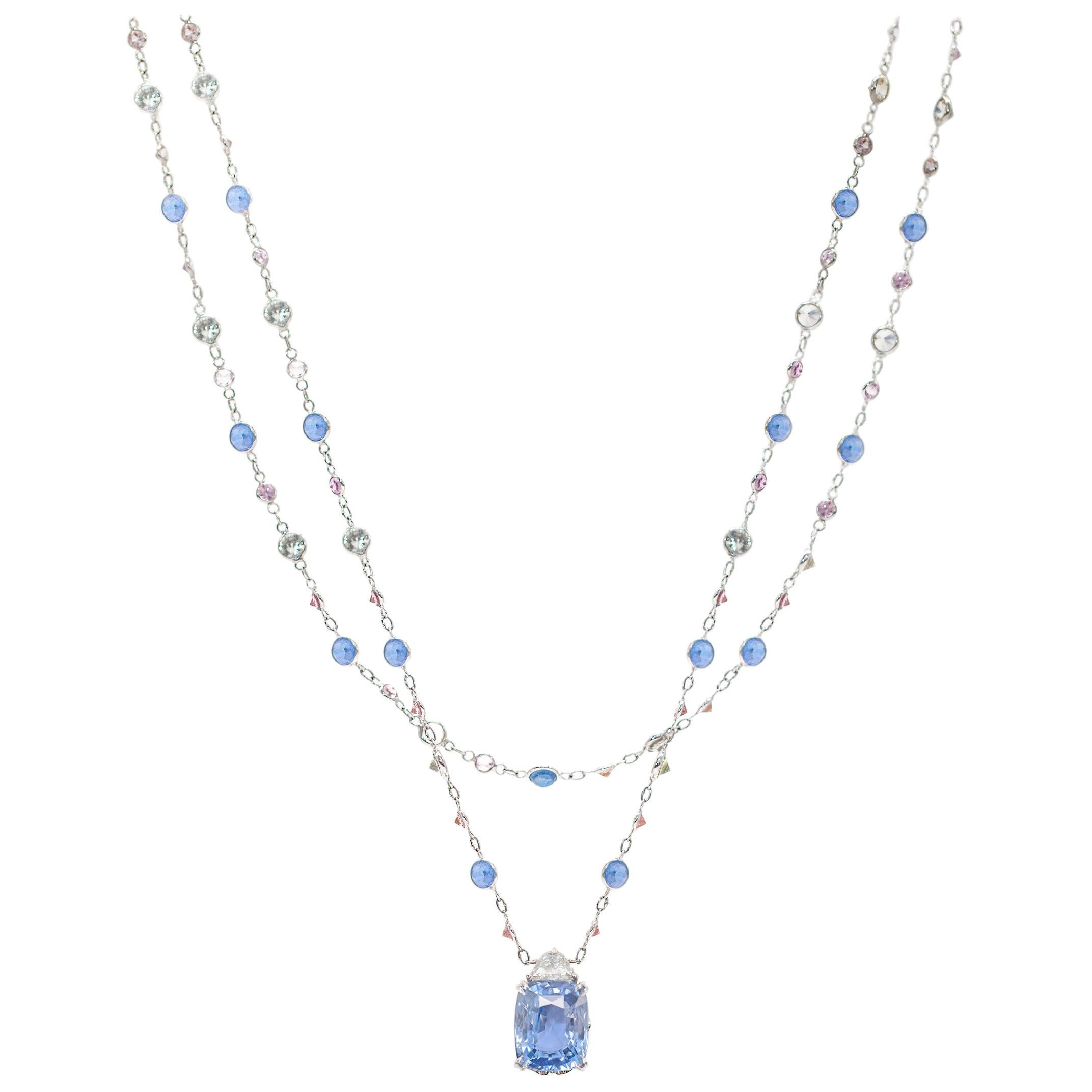 AGL Certified 34.35 Carats Ceylon Blue Cushion Cut Sapphire and Diamond Pendant 