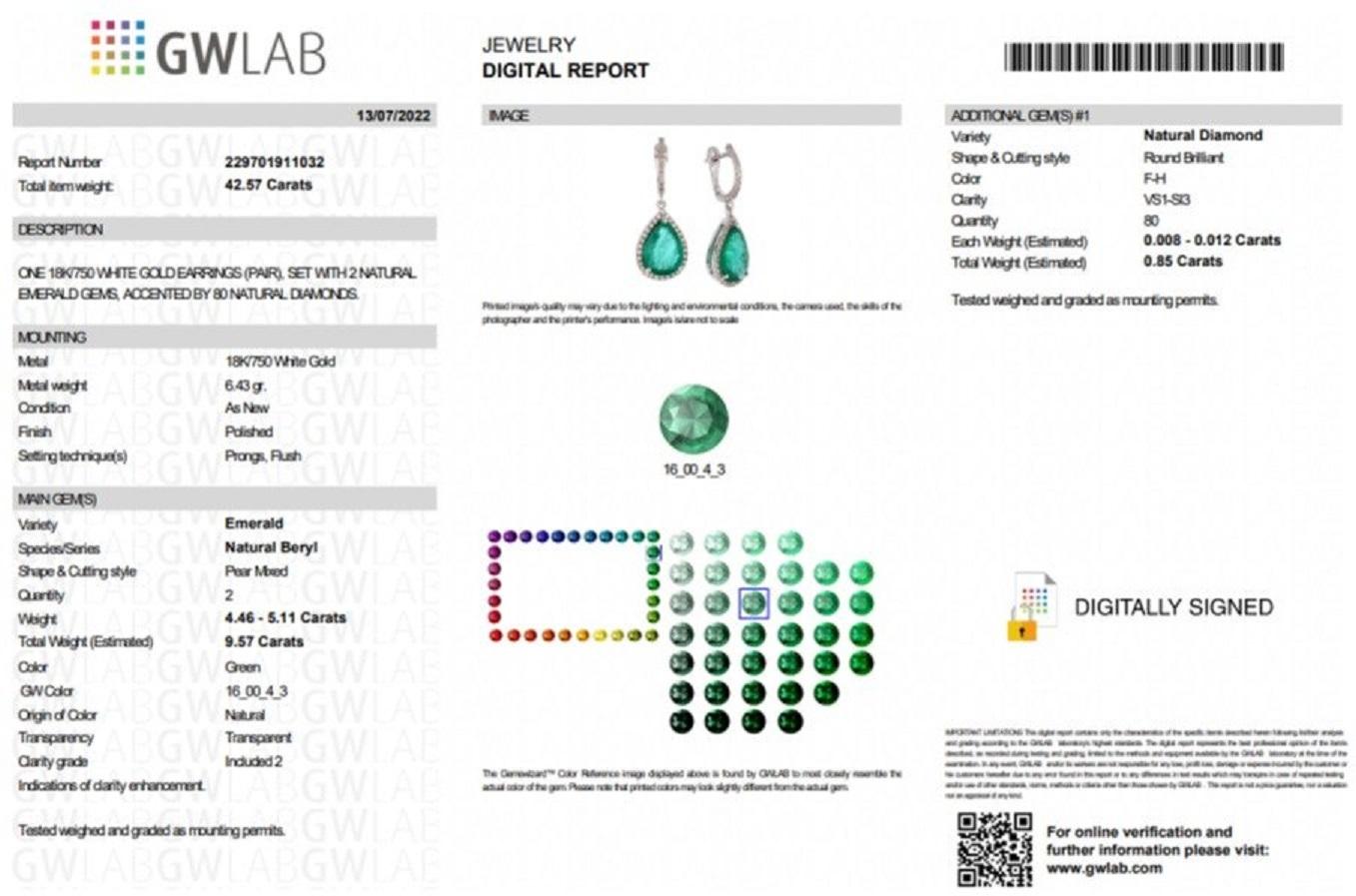 9.57 Carat Emerald and 0.85 Ct Diamonds, 18 Kt. White Gold, Earrings 2