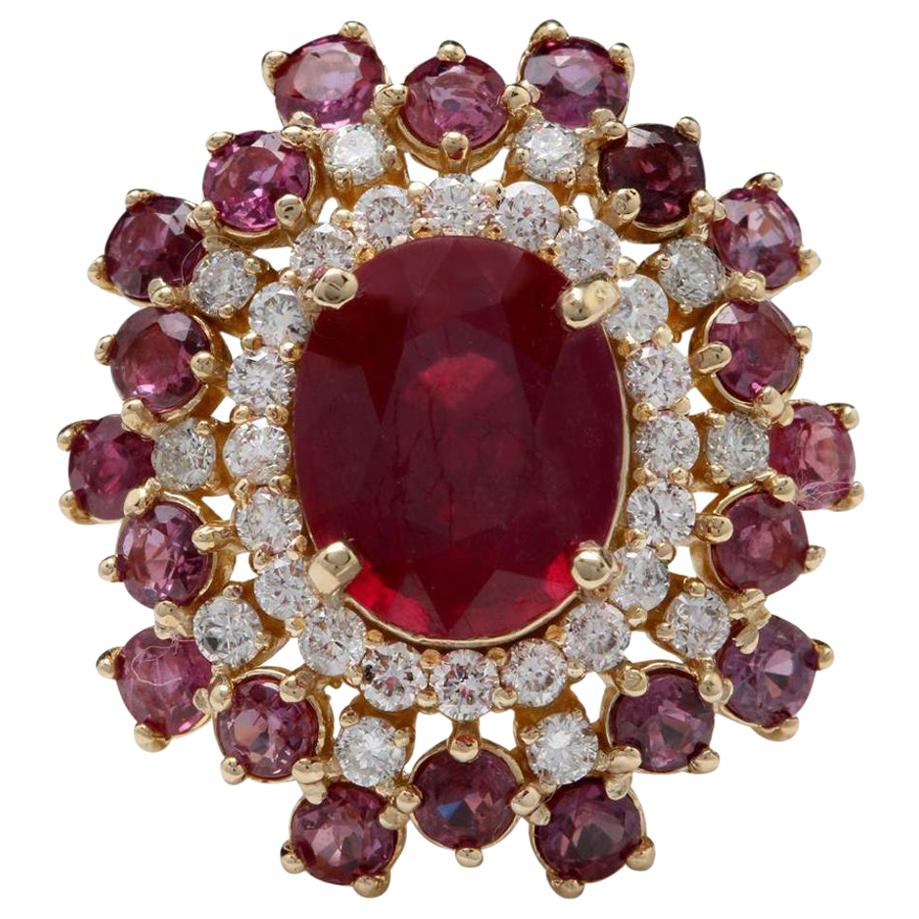 9.57 Carat Impressive Natural Red Ruby and Diamond 14 Karat Yellow Gold Ring For Sale
