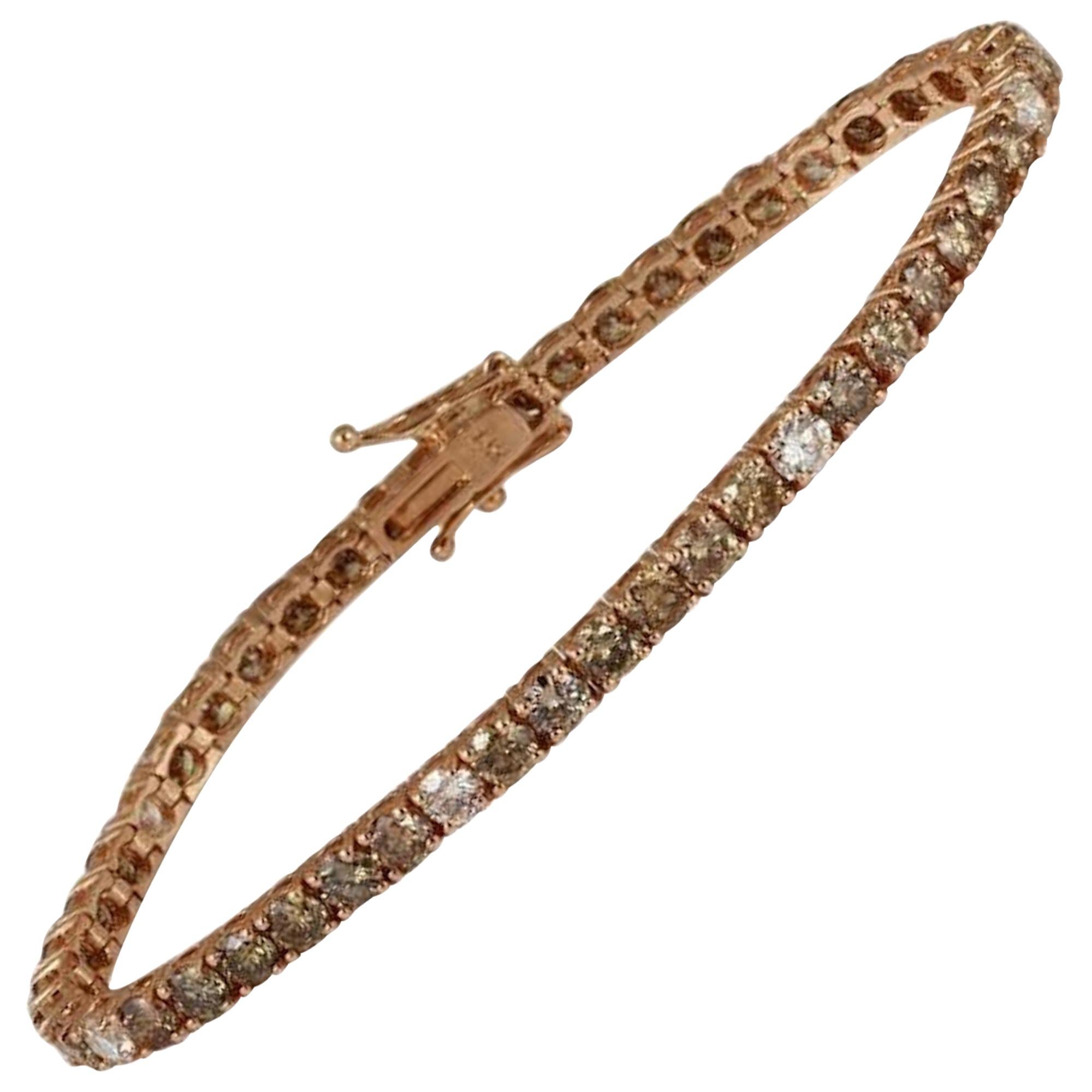 9.57 Carat Natural White and Champagne Diamond 14K Solid Rose Gold Bracelet For Sale