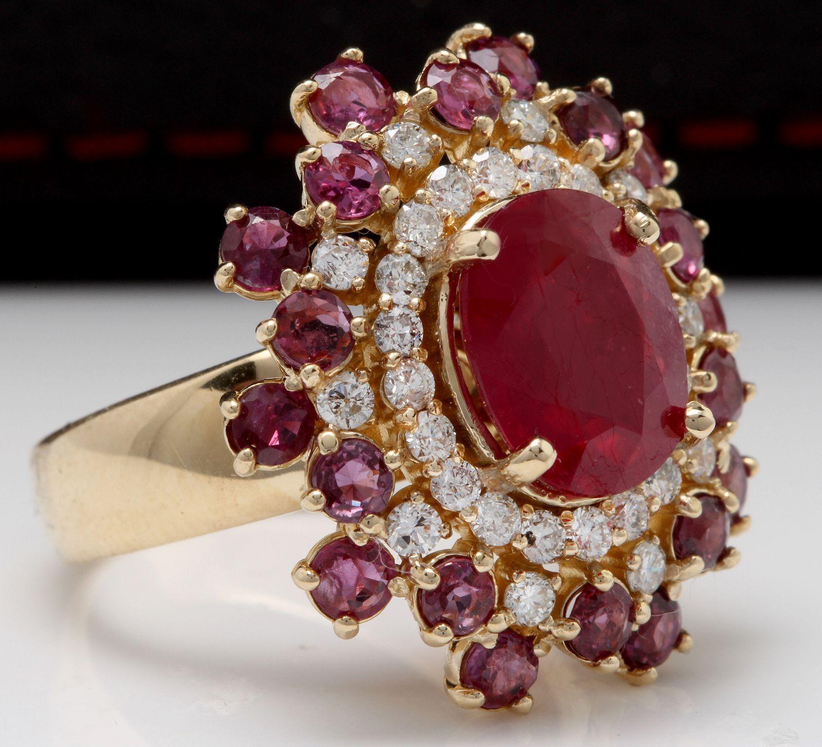 9.57 Carats Impressive Natural Red Ruby and Diamond 14K Yellow Gold Ring

Total Red Ruby Weight is: Approx. 8.47 Carats

Center Ruby Weight is: Approx. 5.47 Carats

Center Ruby Treatment: Lead Glass Filling

Center Ruby Measures: Approx. 11.00 x