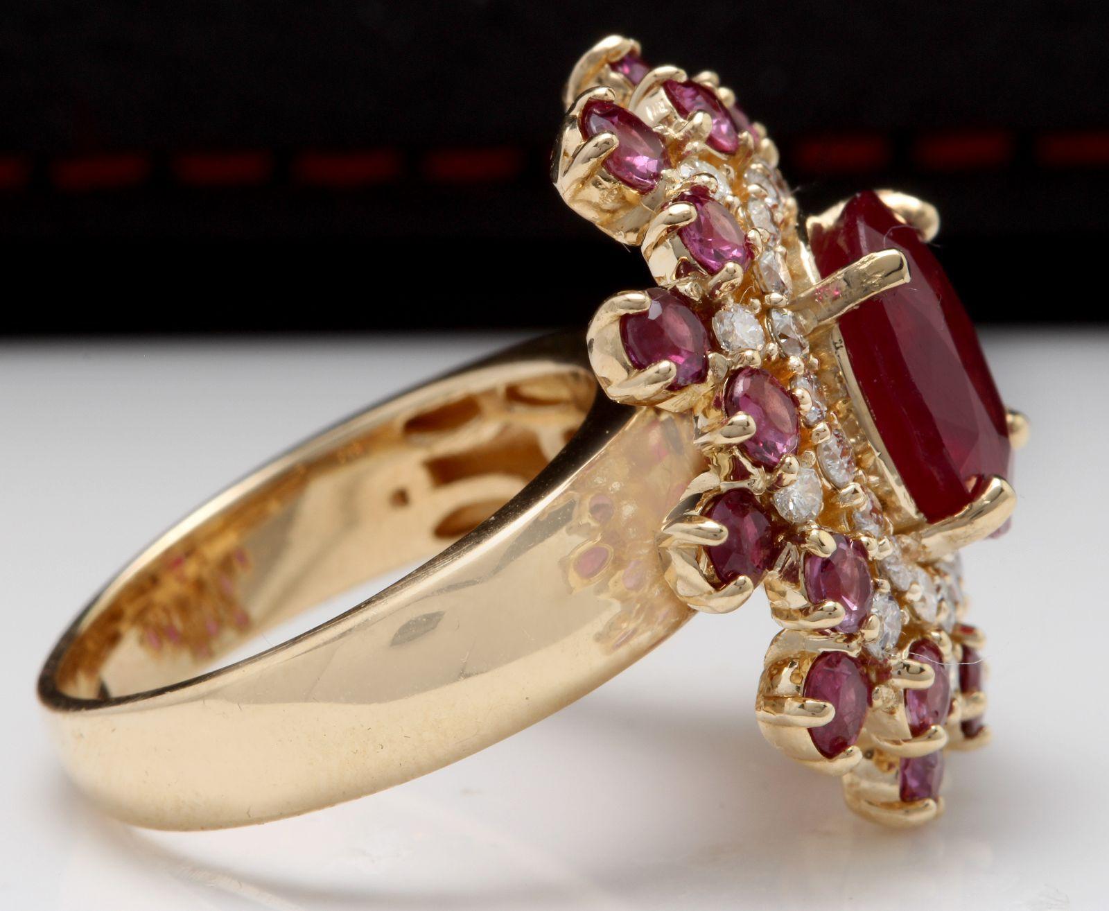 Mixed Cut 9.57 Carat Impressive Natural Red Ruby and Diamond 14 Karat Yellow Gold Ring For Sale