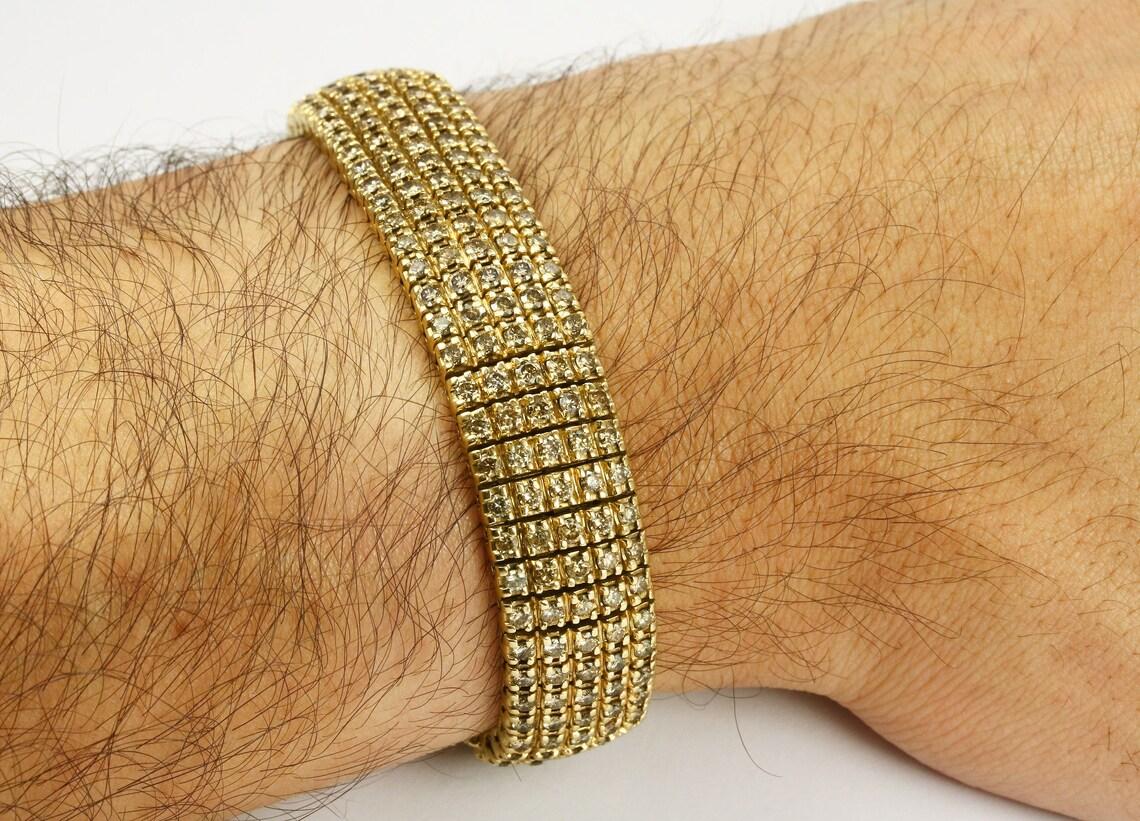 Moderne 9.57tcw 44.8g Bracelet unisexe en or jaune lourd Diamond Cluster 10K en vente