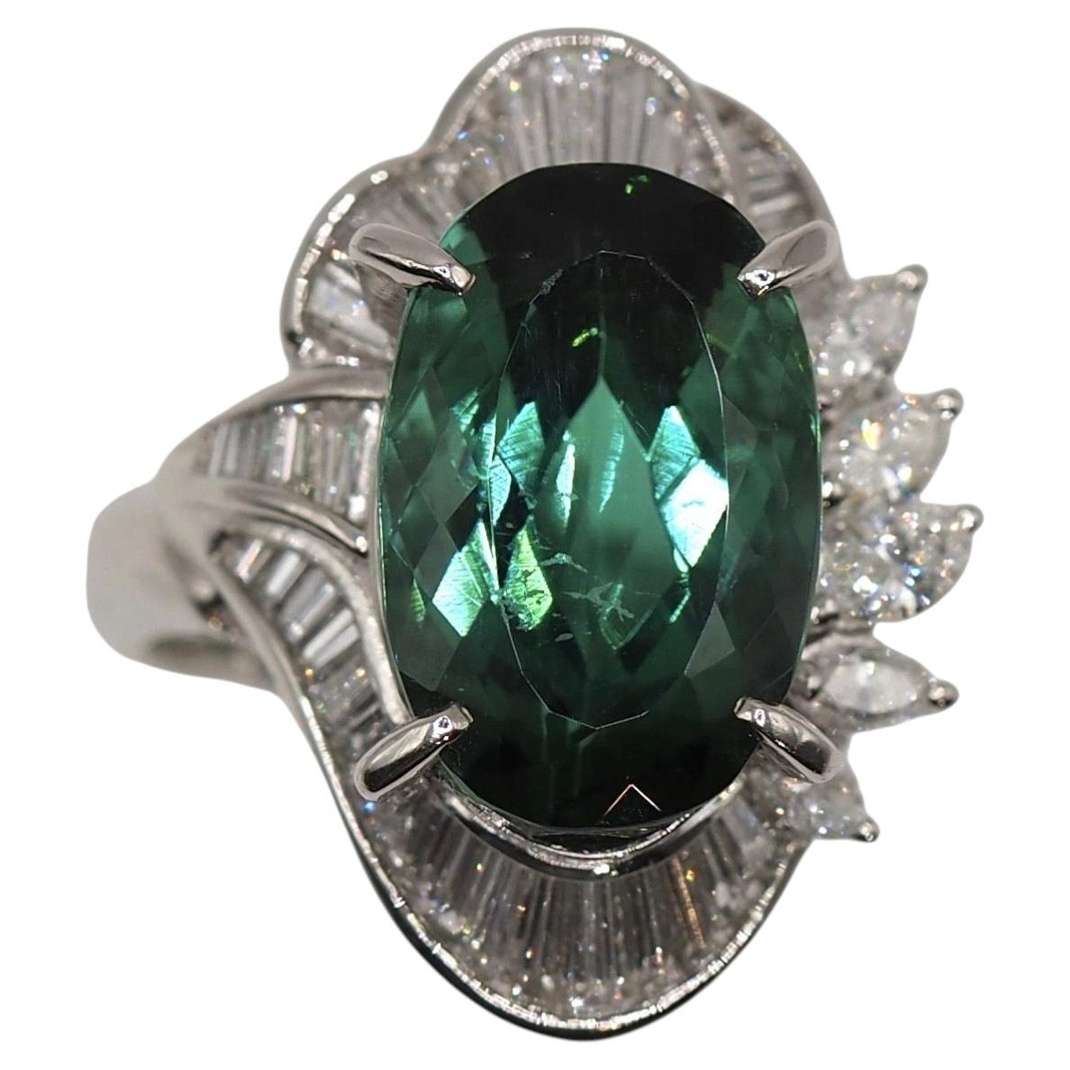 9.58 Carat Green Tourmaline Diamond Platinum Cocktail Ring
