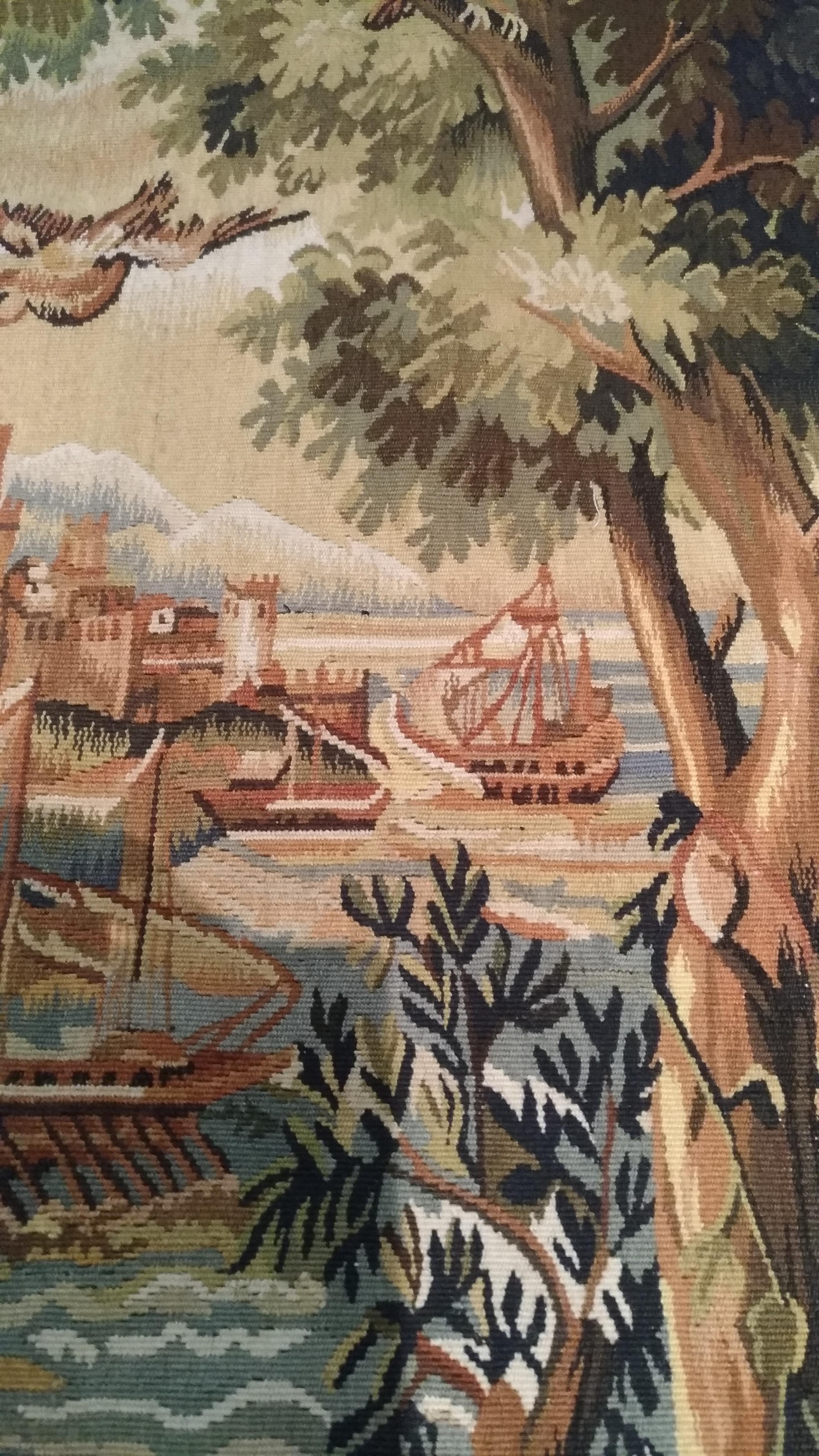 French 958 - Tapestry Aubusson Harbor and Birds For Sale