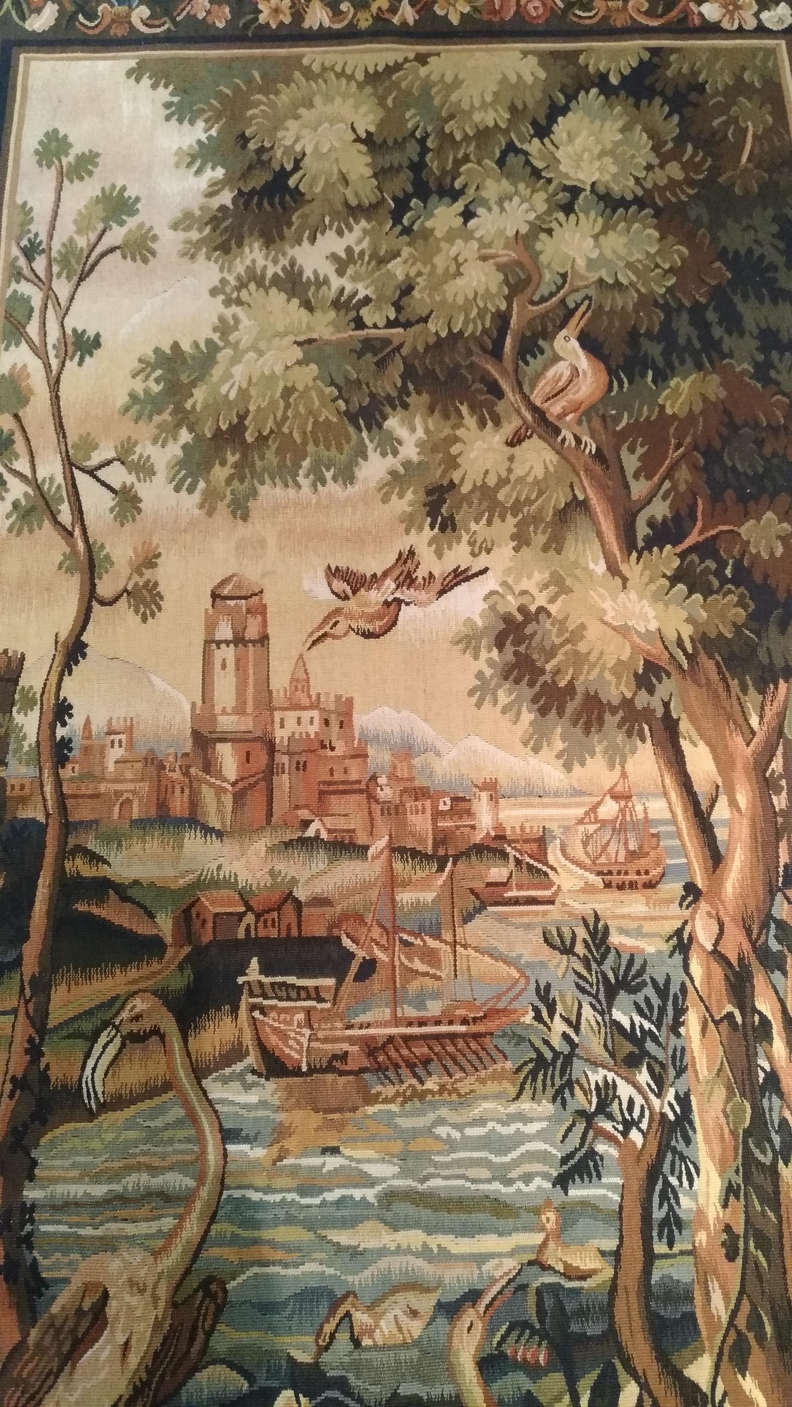958 - Wandteppich Aubusson Hafen und Vögel (Mitte des 20. Jahrhunderts) im Angebot