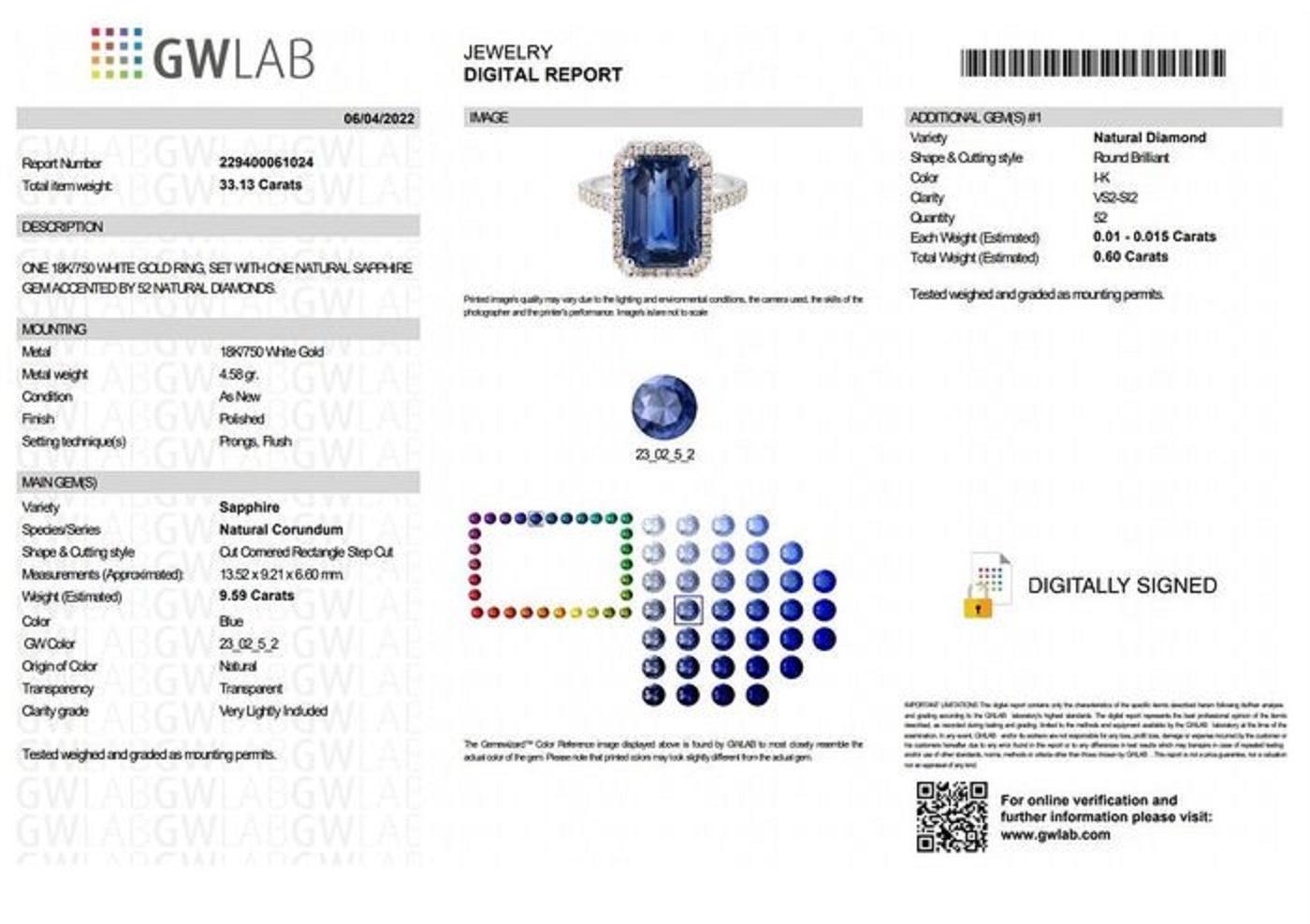 Emerald Cut 9.59 Carat Ceylon Blue Sapphire and 0.60 Ct Diamonds - 18 Kt. White Gold - Ring