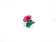 9.59 Carat GIA Certified No Heat Ruby and Emerald Cabochon White Diamond Ring
