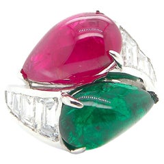 9.59 Carat GIA Certified No Heat Ruby and Emerald Cabochon White Diamond Ring