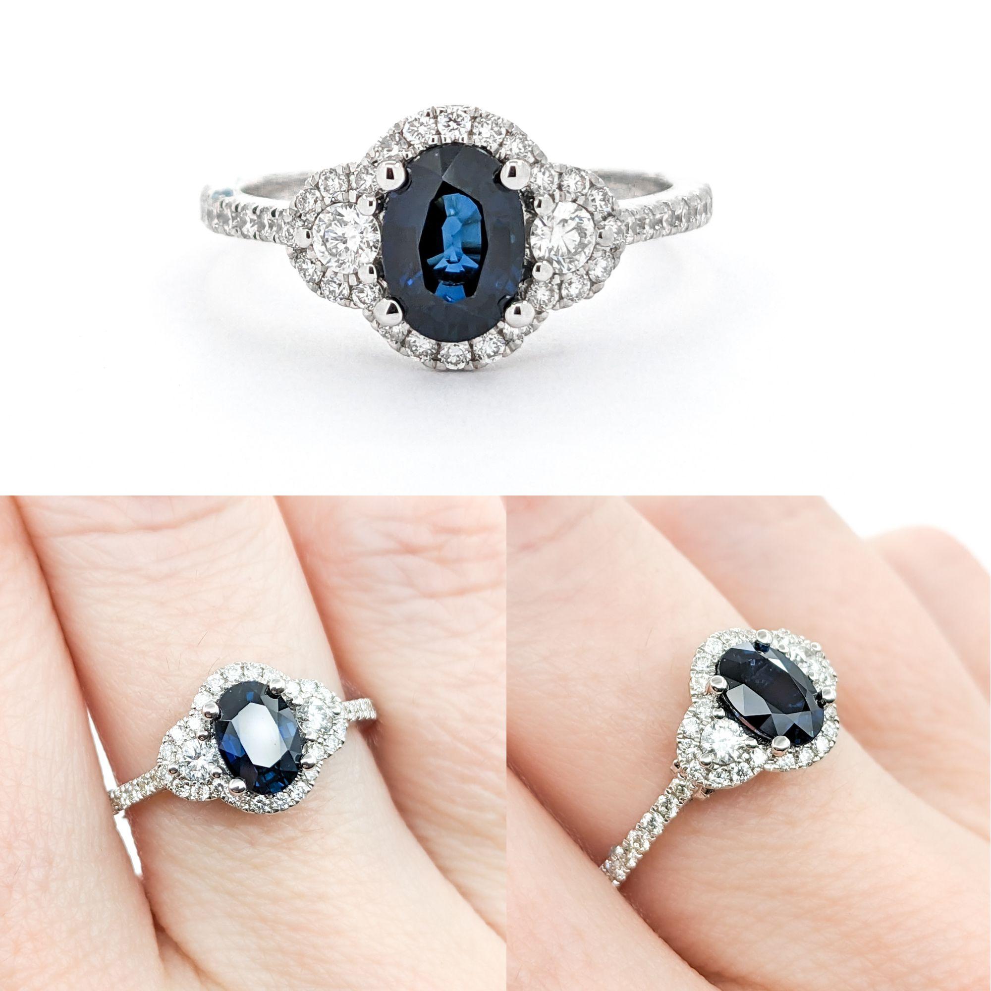 .95ct Blue Sapphire & Diamond Ring In White Gold

Introducing this stunning ring crafted in 14kt white gold. It features a .95ct blue sapphire centerpiece beautifully complemented by .42ctw of round diamonds. These diamonds boast SI-I clarity and a