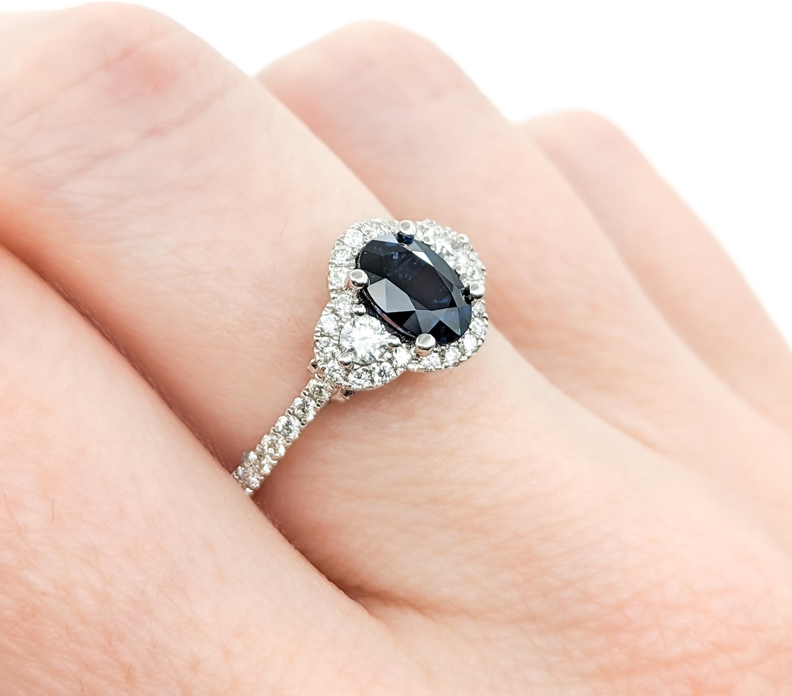 Round Cut .95ct Blue Sapphire & Diamond Ring In White Gold For Sale