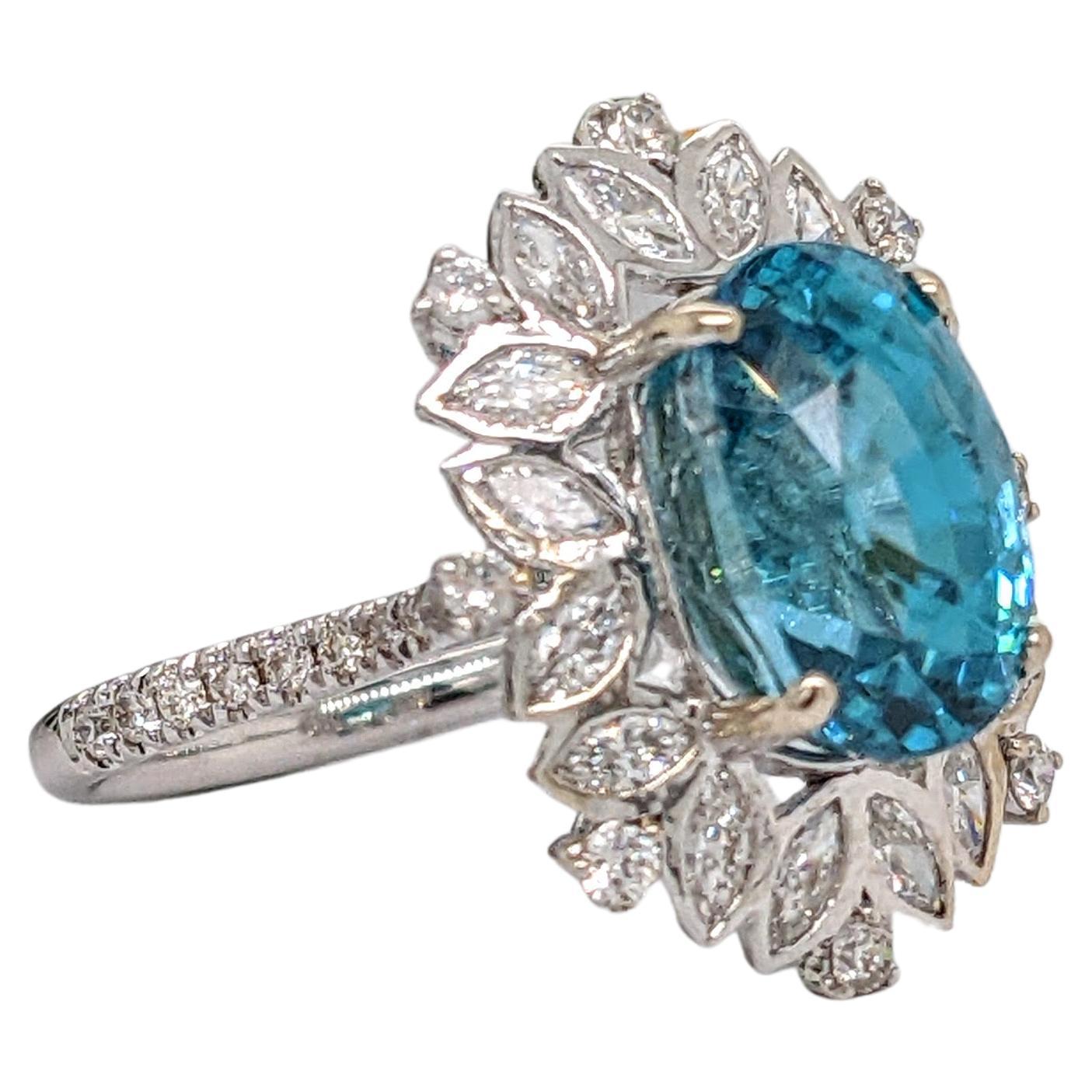Art Nouveau 9.5ct Blue Zircon Pavé Cocktail Ring in Solid 14K White Gold Oval