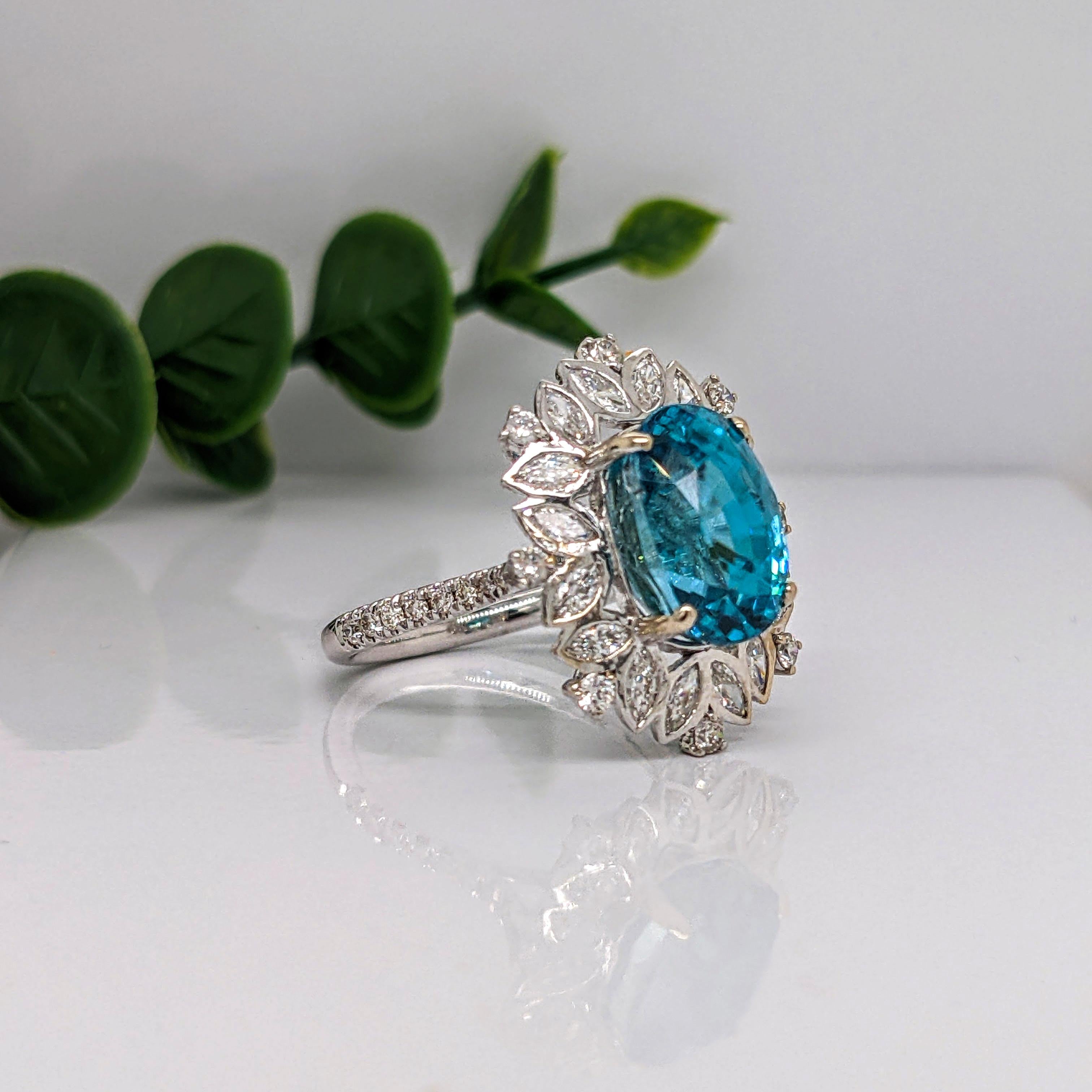 Oval Cut 9.5ct Blue Zircon Pavé Cocktail Ring in Solid 14K White Gold Oval