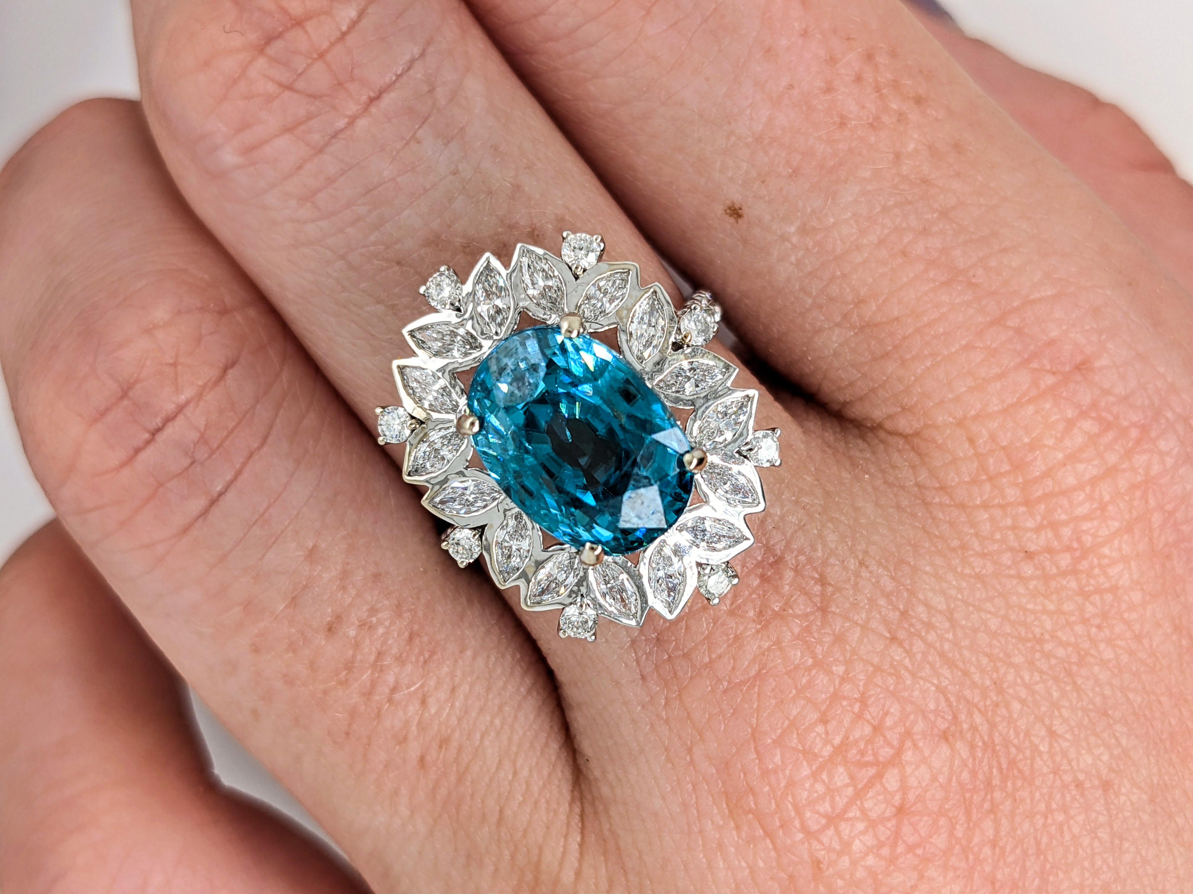 9.5ct Blue Zircon Pavé Cocktail Ring in Solid 14K White Gold Oval 3