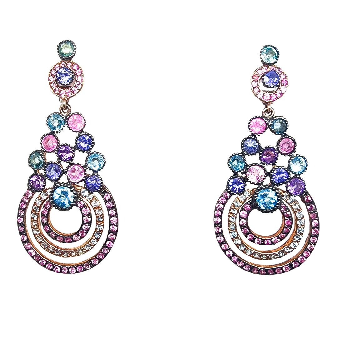 Artisan 9.50cts Gemstones Pink Blue Purple Drop Earrings 925 Black Rhodium Rose Vermeil 