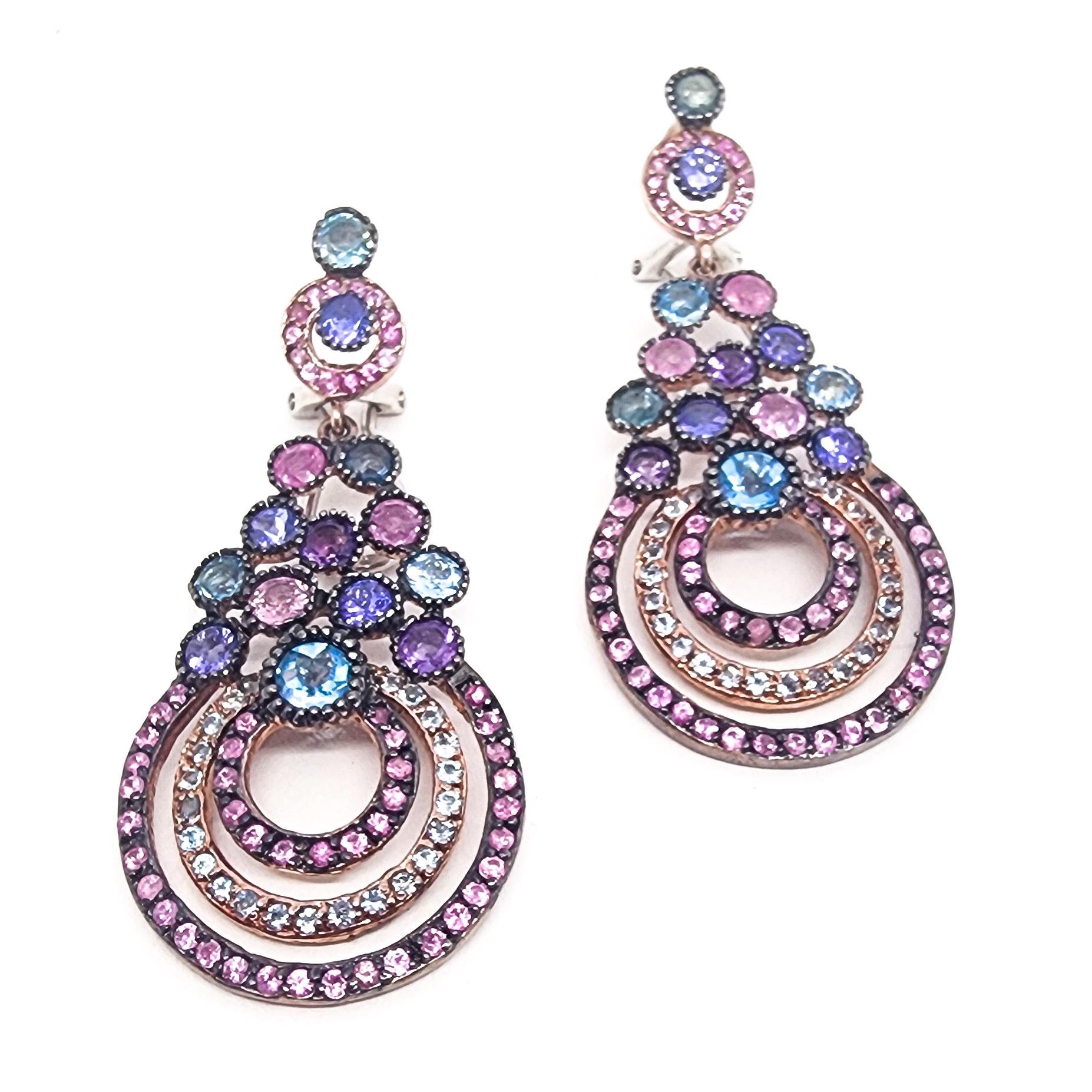 Round Cut 9.50cts Gemstones Pink Blue Purple Drop Earrings 925 Black Rhodium Rose Vermeil 