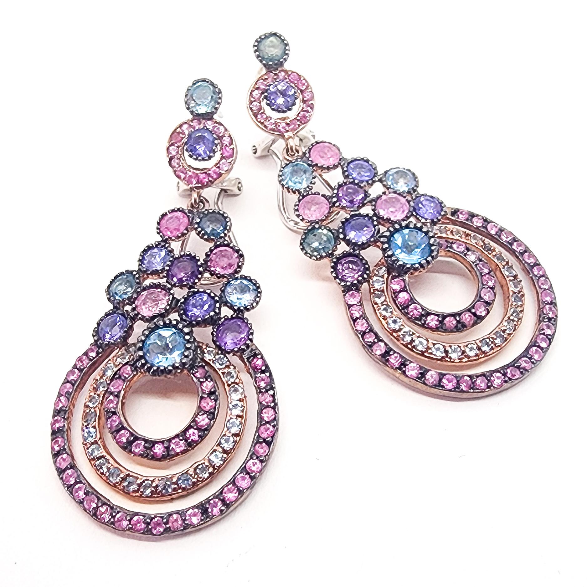 9.50cts Gemstones Pink Blue Purple Drop Earrings 925 Black Rhodium Rose Vermeil  In New Condition In Lambertville , NJ