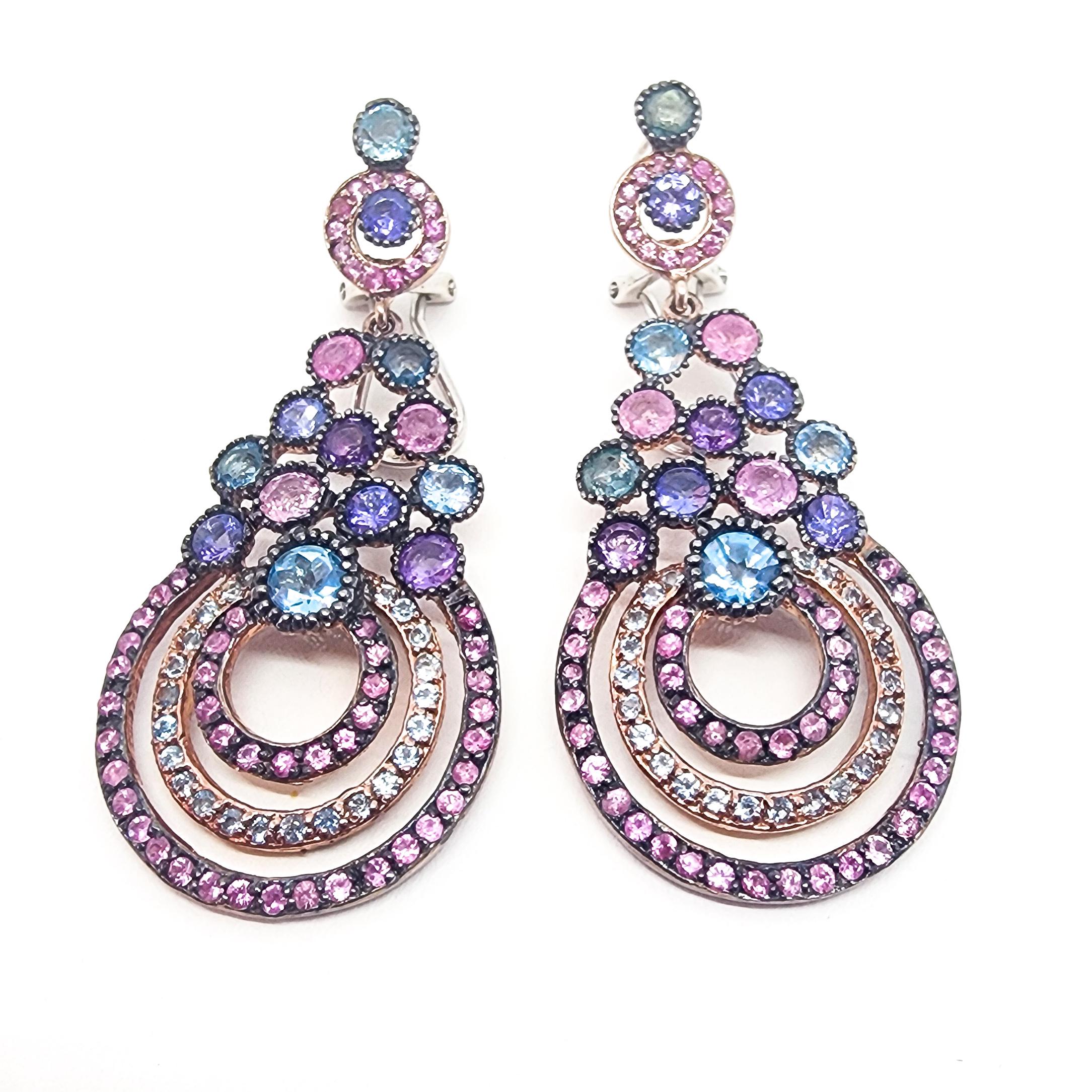 Women's 9.50cts Gemstones Pink Blue Purple Drop Earrings 925 Black Rhodium Rose Vermeil 