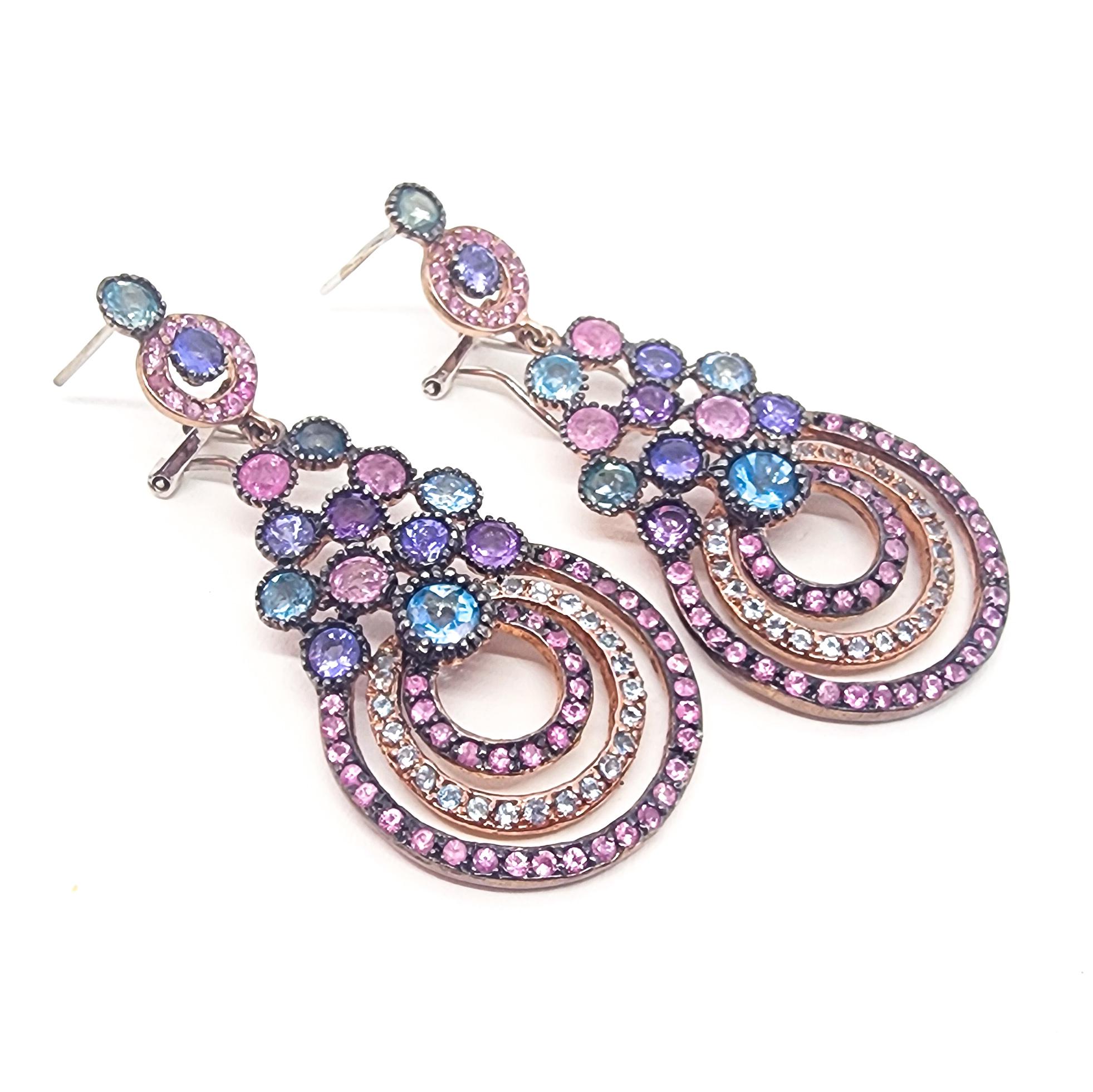 9.50cts Gemstones Pink Blue Purple Drop Earrings 925 Black Rhodium Rose Vermeil  2