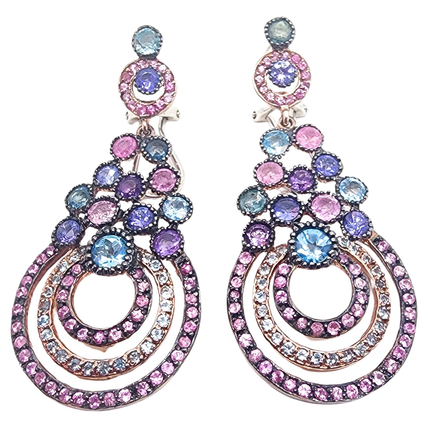 9.50cts Gemstones Pink Blue Purple Drop Earrings 925 Black Rhodium Rose Vermeil 