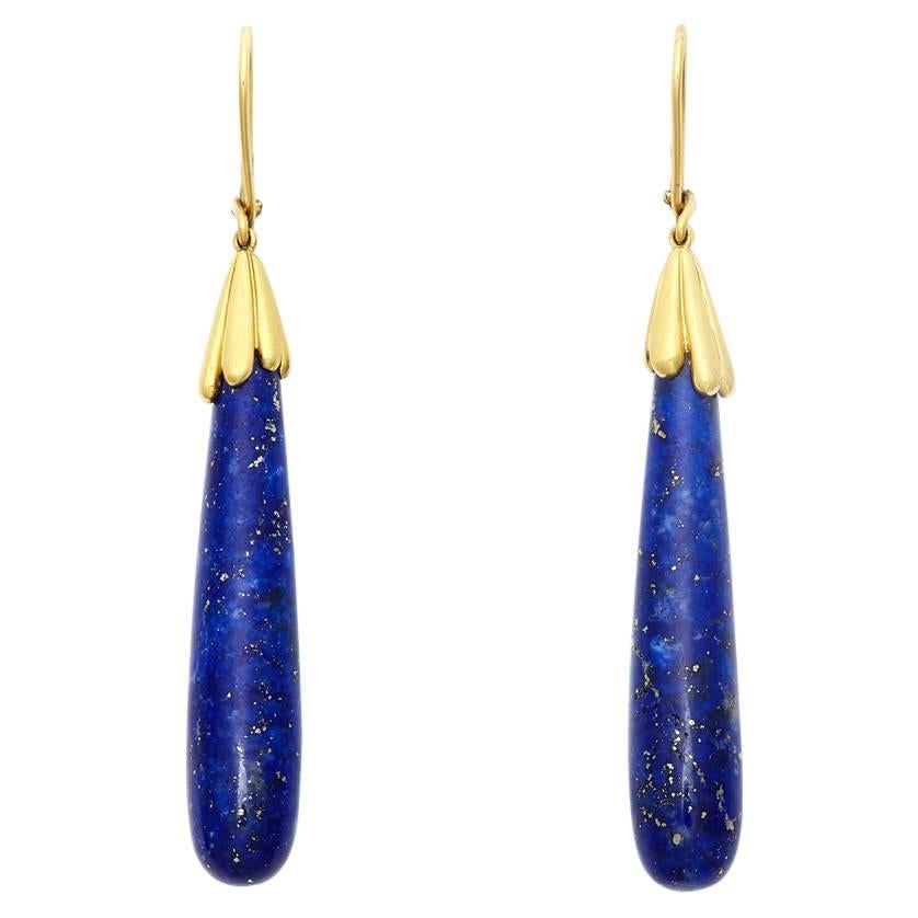 95 Carat Lapis Lazuli Dangle Earrings in 18 Karat Gold For Sale
