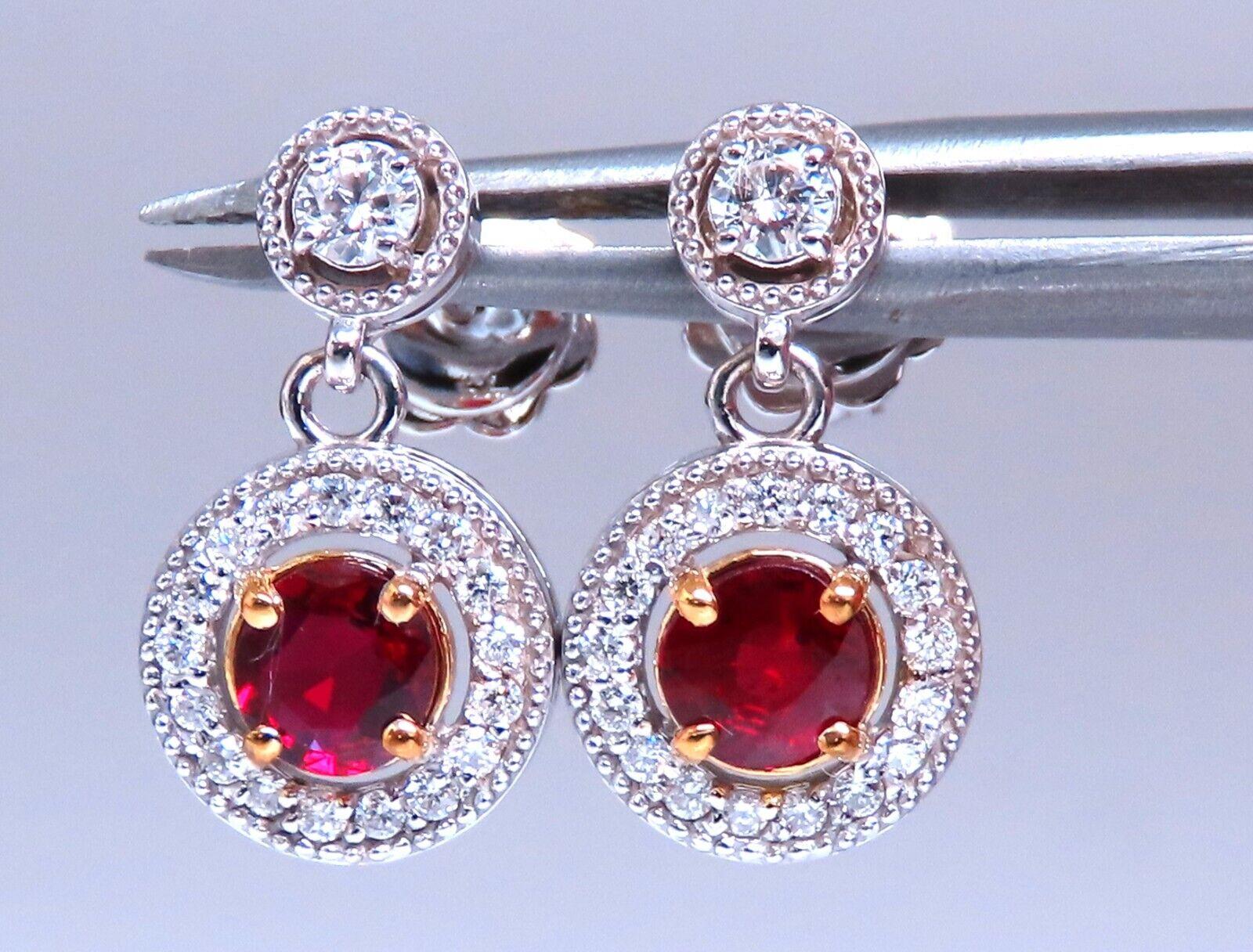 Round Cut .95ct Natural Ruby Diamond Cluster Stud dangle earrings 14kt gold For Sale