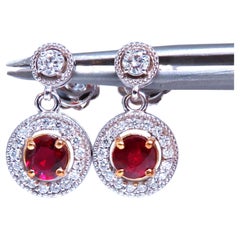 .95ct Natural Ruby Diamond Cluster Stud dangle earrings 14kt gold