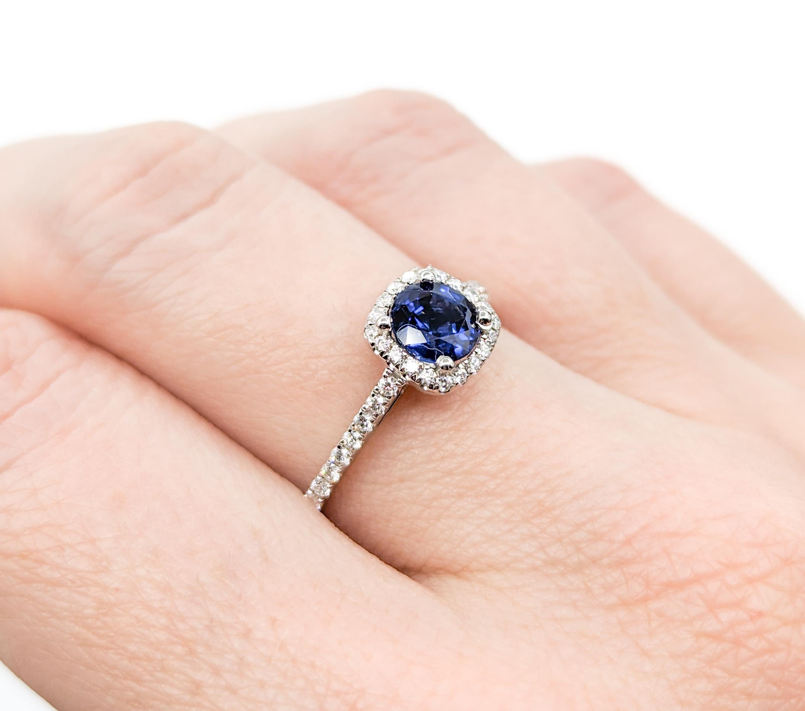 Round Cut .95ct Sapphire & Diamond Halo Ring in White Gold For Sale