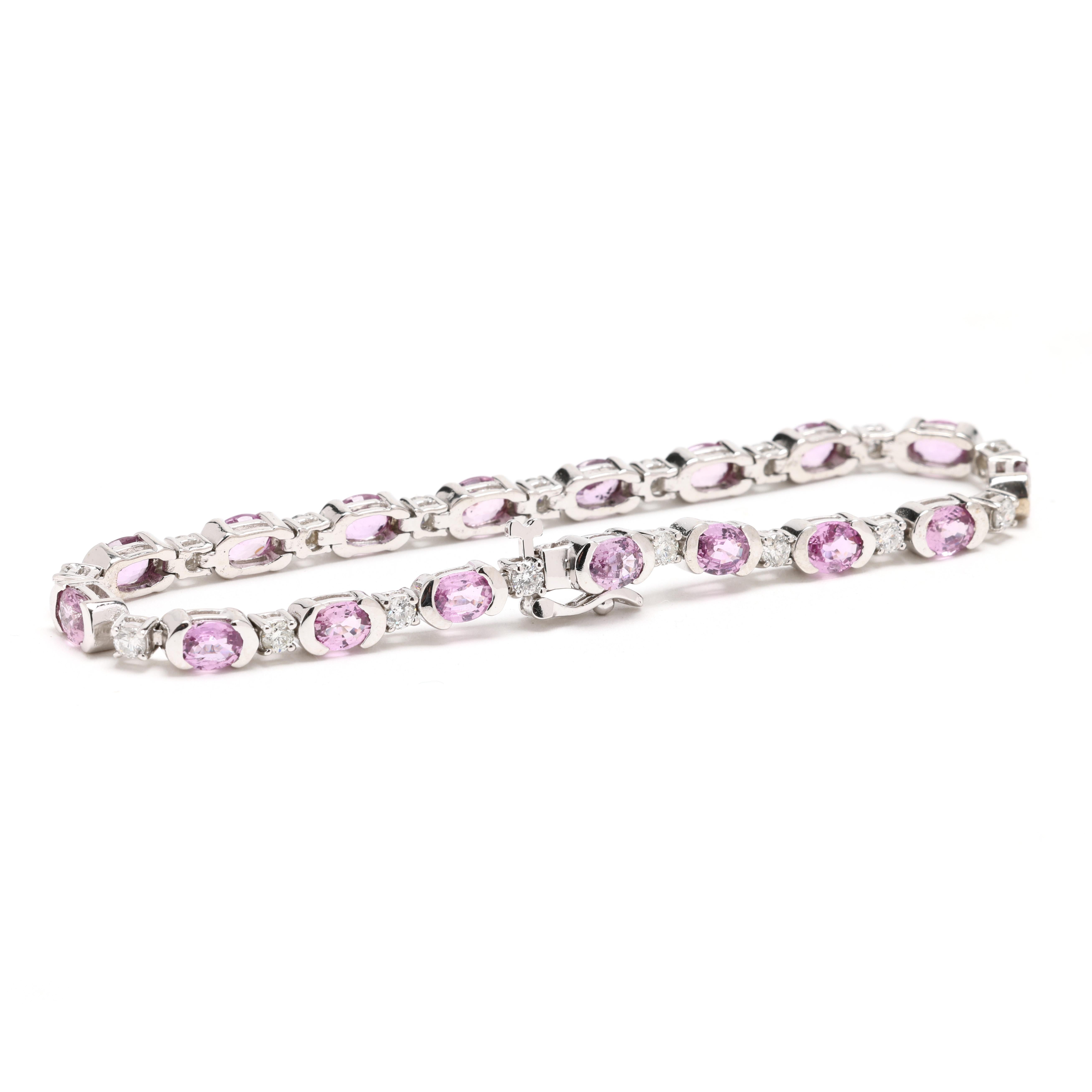 Taille ovale Bracelet tennis en or blanc 14 carats, saphir rose et diamants de 9,5 carats, longueur 6,75 pouces en vente