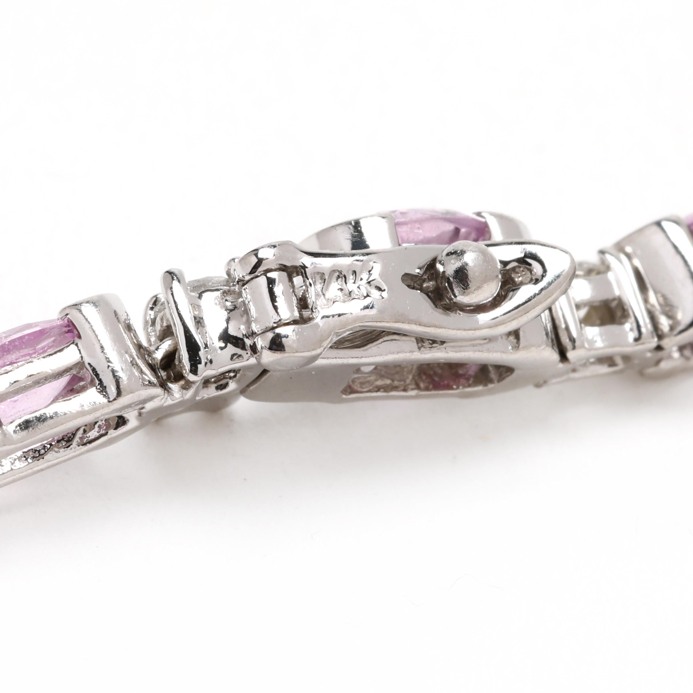 Bracelet tennis en or blanc 14 carats, saphir rose et diamants de 9,5 carats, longueur 6,75 pouces Bon état - En vente à McLeansville, NC