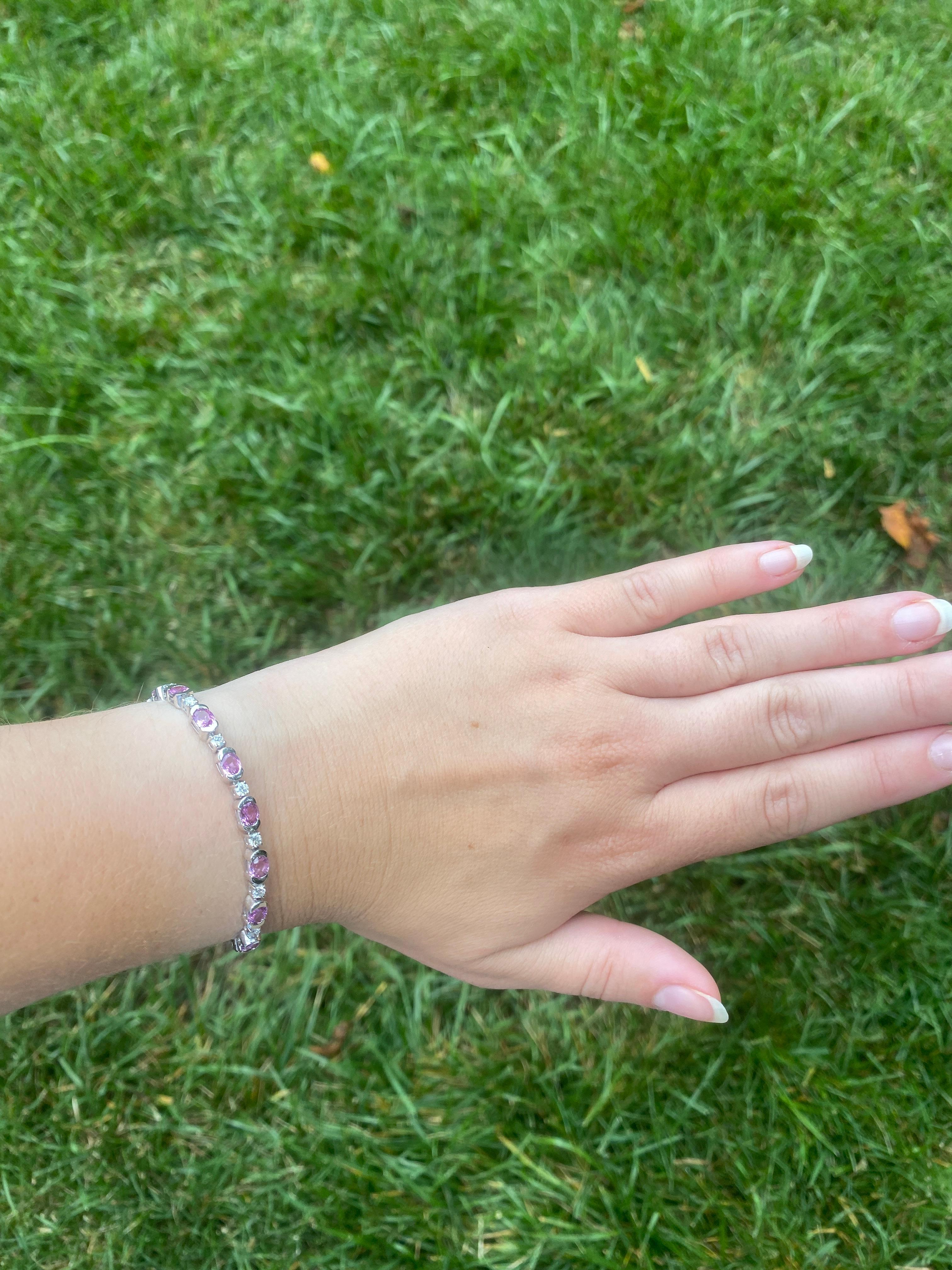 Bracelet tennis en or blanc 14 carats, saphir rose et diamants de 9,5 carats, longueur 6,75 pouces Unisexe en vente
