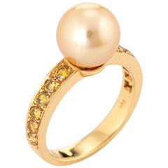 Golden Tahitian South Sea Pearl Ring Yellow Diamond Estate 18 Karat Gold