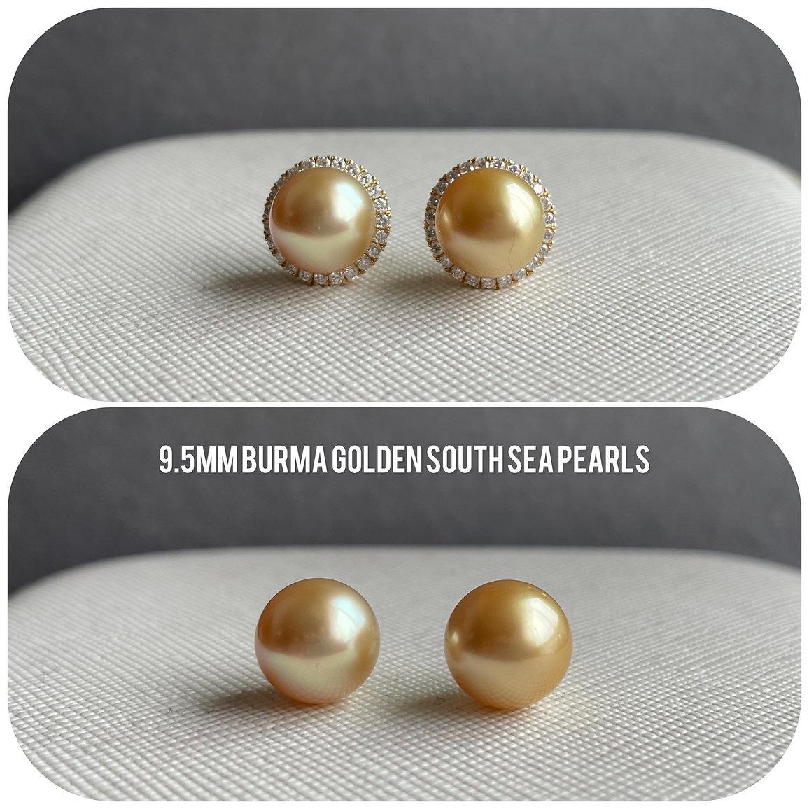 These stunning 9.5mm Golden South Sea Pearls boast a golden shade, are fully round with high luster, making them even more desirable. You can wear them as versatile studs for a gentle look or enhance their elegance with a diamond halo jacket for a
