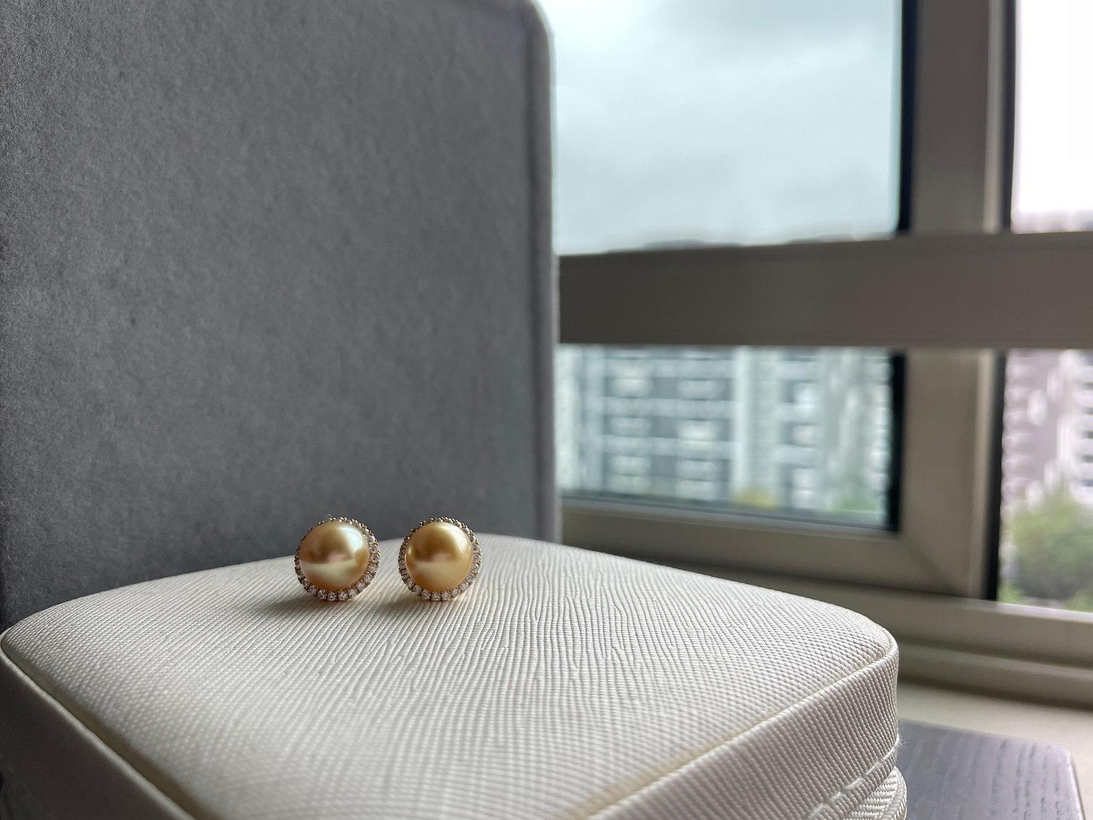 Round Cut 9.5mm Intense Gold South Sea Pearl Earring with Natural Diamonds enhance For Sale