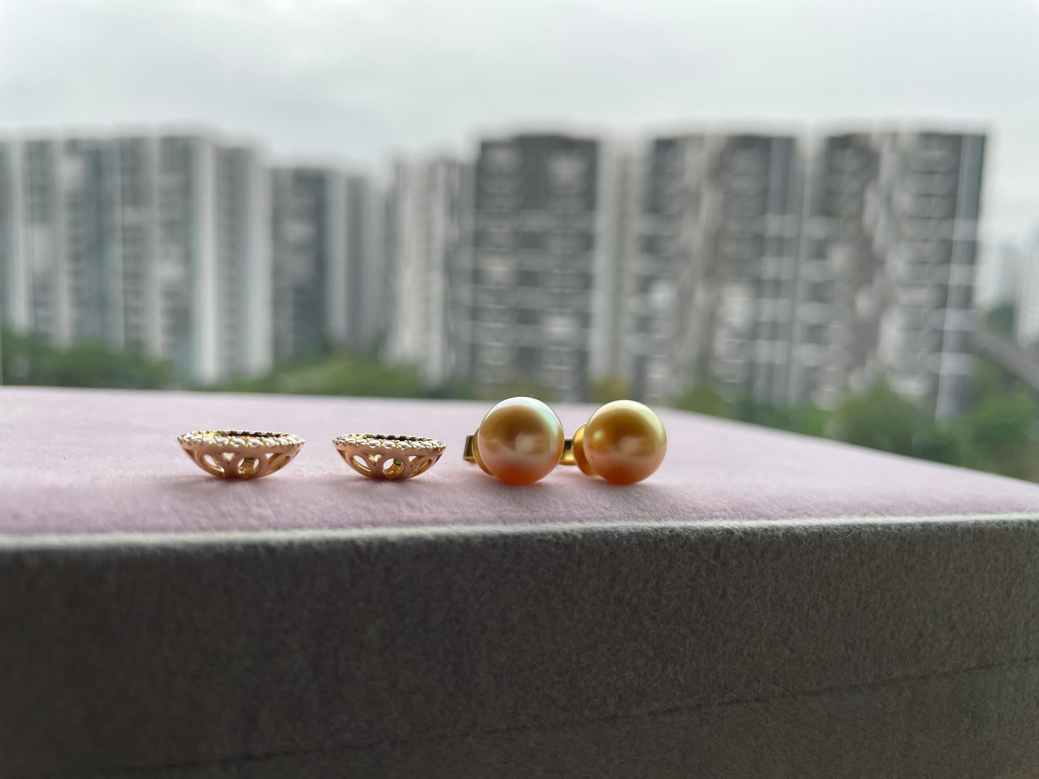 9.5mm Intense Gold South Sea Pearl Earring with Natural Diamonds enhance For Sale 1