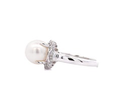 9.5mm South Sea White Pearl and Baguette Diamond Ring in Platinum