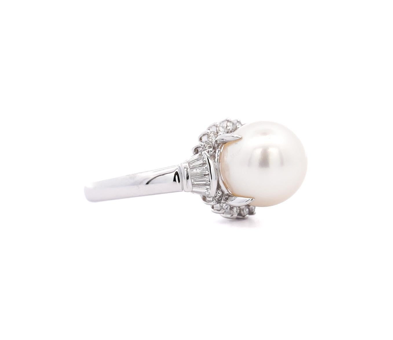 Art Deco 9.5mm South Sea White Pearl and Baguette Diamond Ring in Platinum For Sale