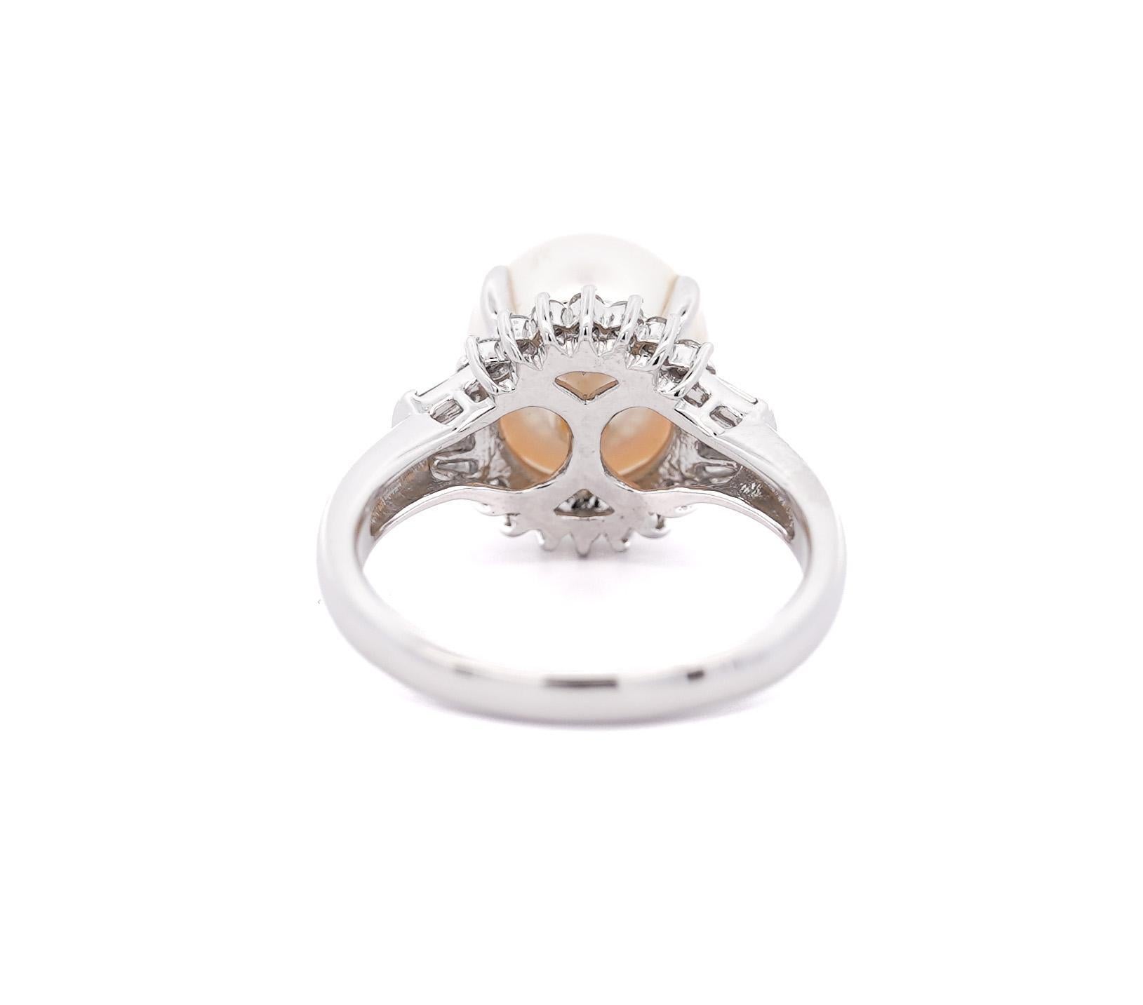 Cabochon 9.5mm South Sea White Pearl and Baguette Diamond Ring in Platinum For Sale