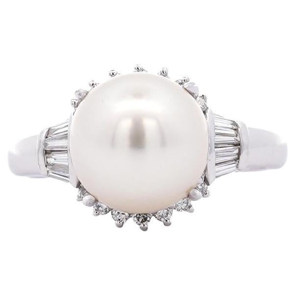 9.5mm South Sea White Pearl and Baguette Diamond Ring in Platinum For Sale