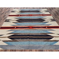 9'5"x11'7" Light Blue Southwest Geometric Design Flat Weave Hand Woven Wool Rug