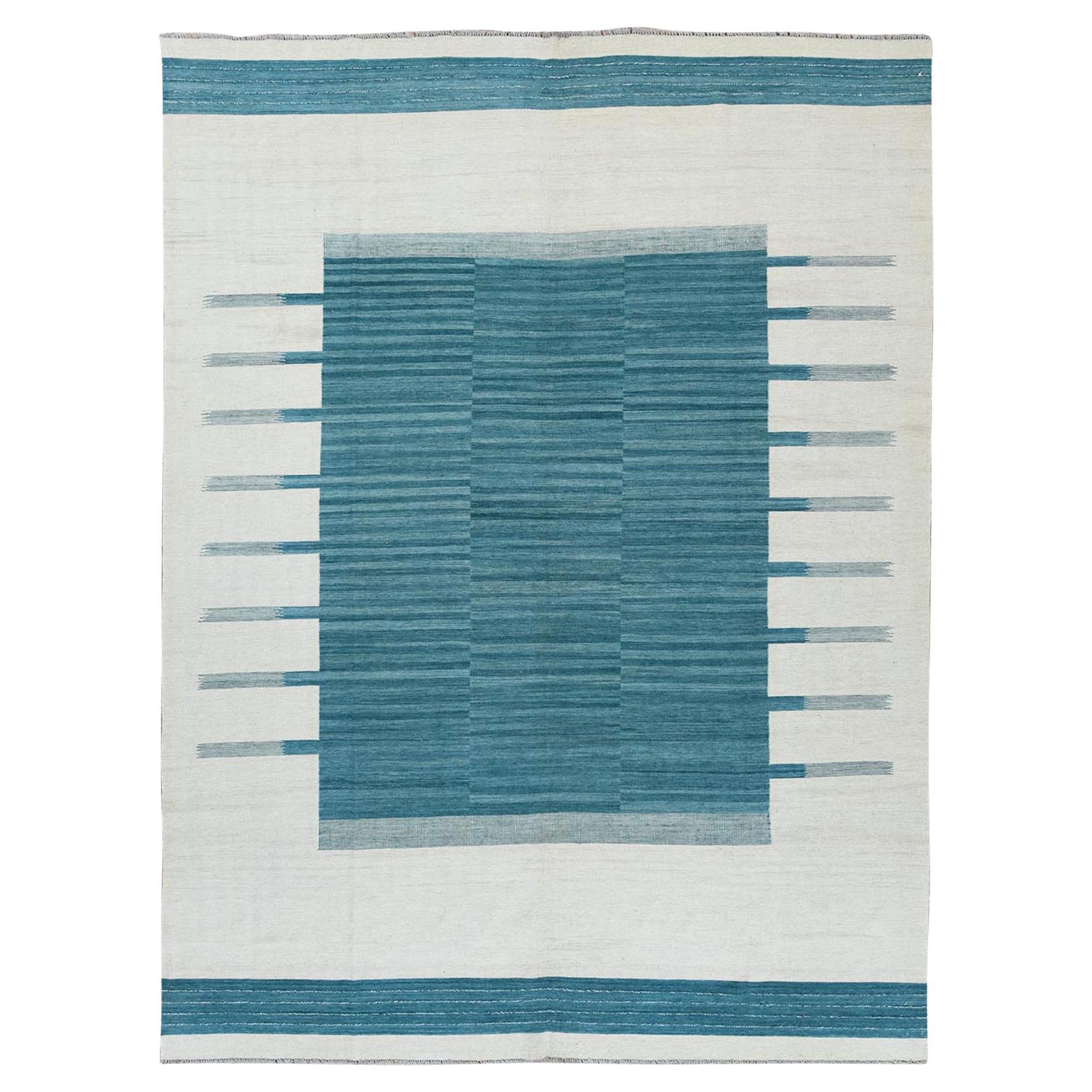 9
5 "x11
9" Handgewebter Aquamarin Streifen Design Flachgewebe Kilim Handspun Wool Rug