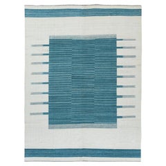 9
5 "x11
9" Handgewebter Aquamarin Streifen Design Flachgewebe Kilim Handspun Wool Rug