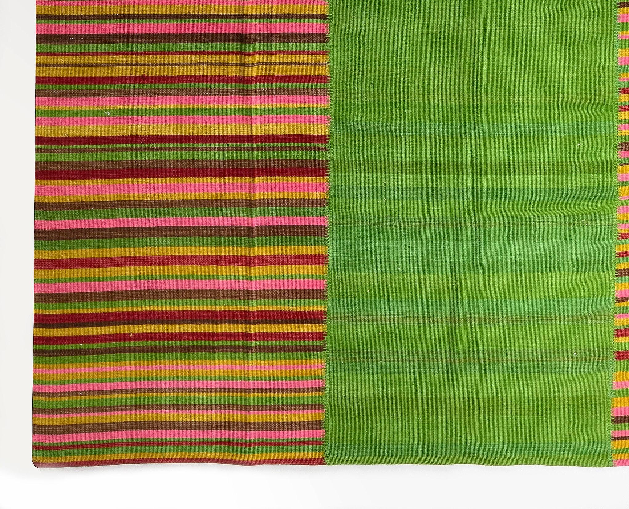 Hand-Woven 9.5x12 Ft Modern Green Double Sided Turkish Kilim Rug with Colorful Stripes For Sale