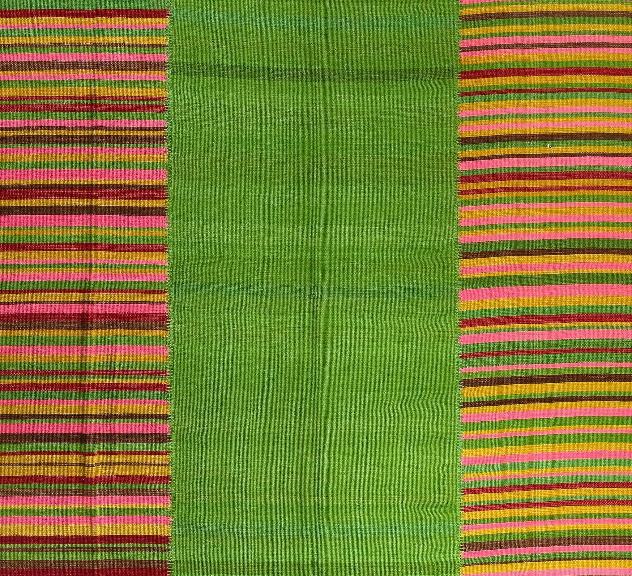 Contemporary 9.5x12 Ft Modern Green Double Sided Turkish Kilim Rug with Colorful Stripes For Sale