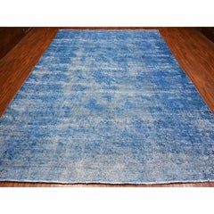 9'5"X12'10" Blue Pure Wool Hand Knotted Vintage Persian Kerman Distressed Rug