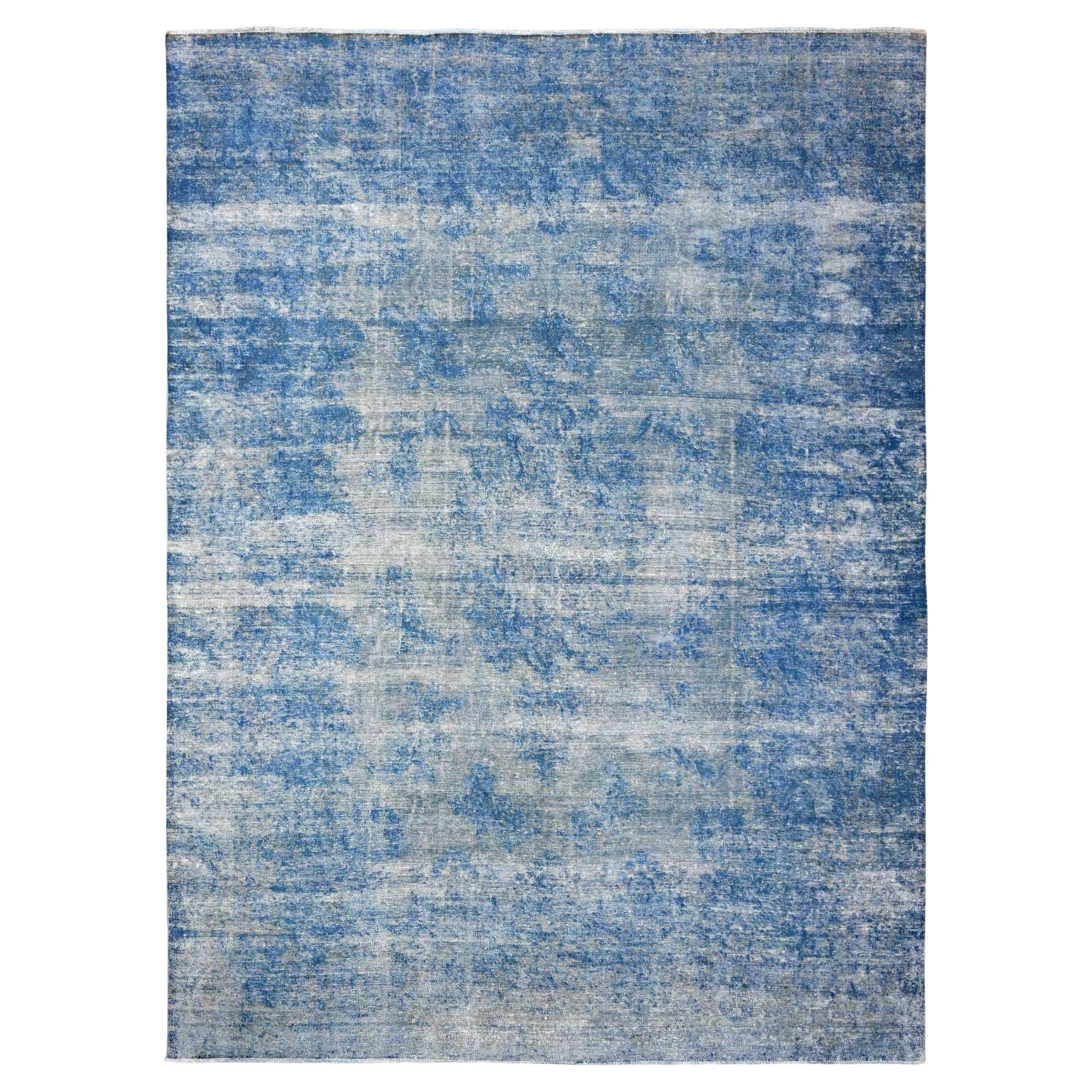 9'5"X12'10" Blauer handgeknüpfter persischer Kerman-Teppich aus reiner Wolle im Distressed-Stil im Vintage-Stil